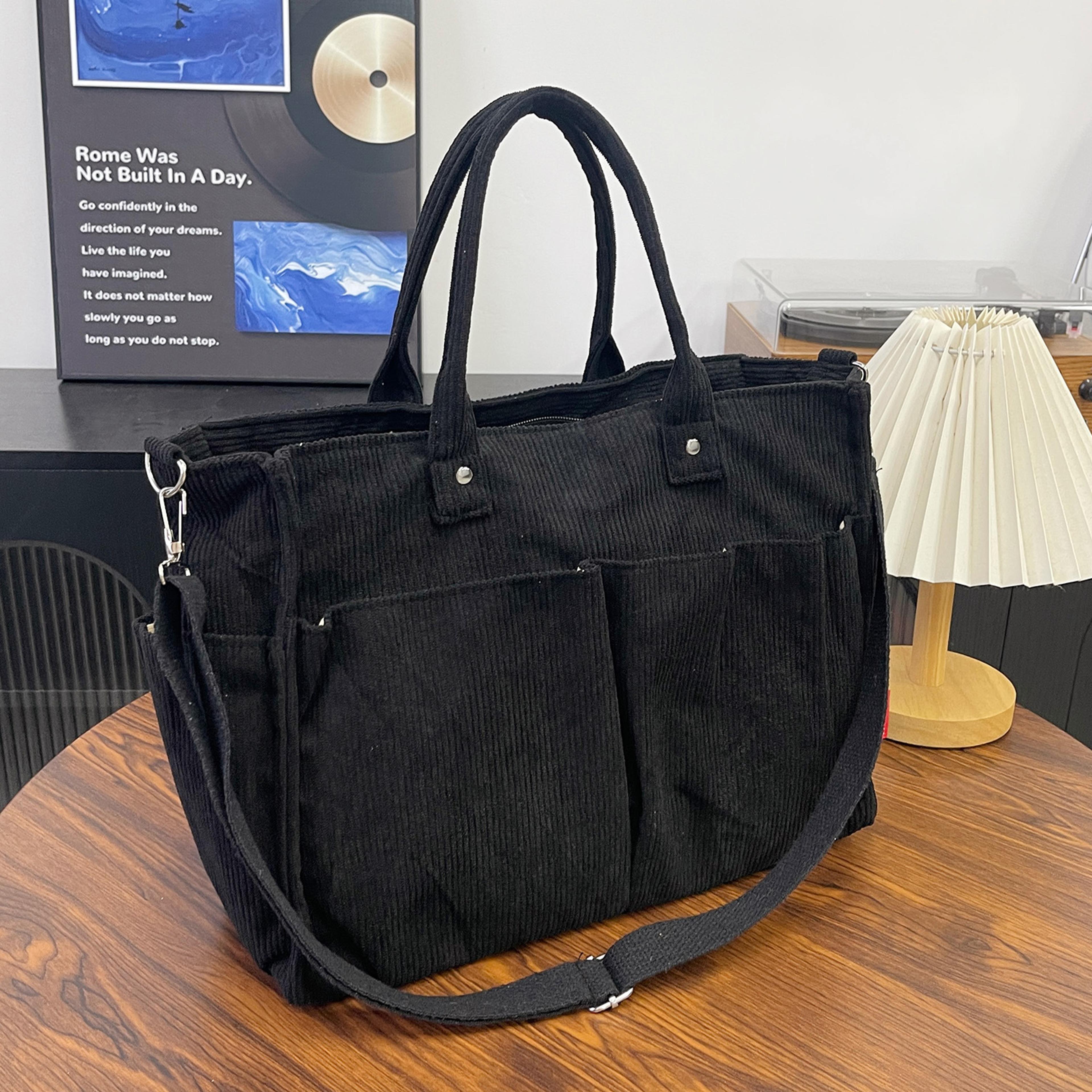 Womens Corduroy Tote Bag With Zipper Closure And Interior Pockets 10