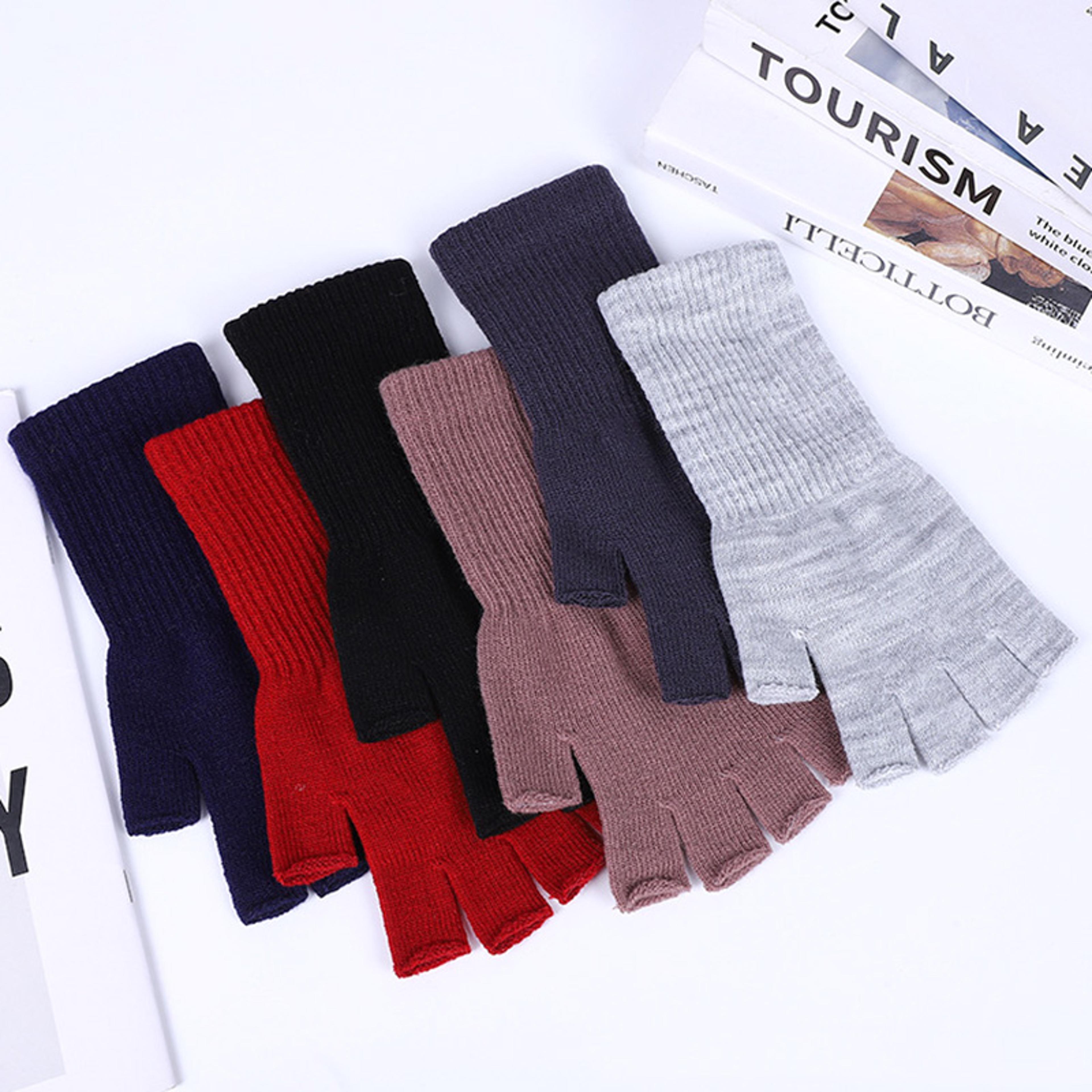 unisex winter fingerless knit gloves with warm acrylic wrist-length design