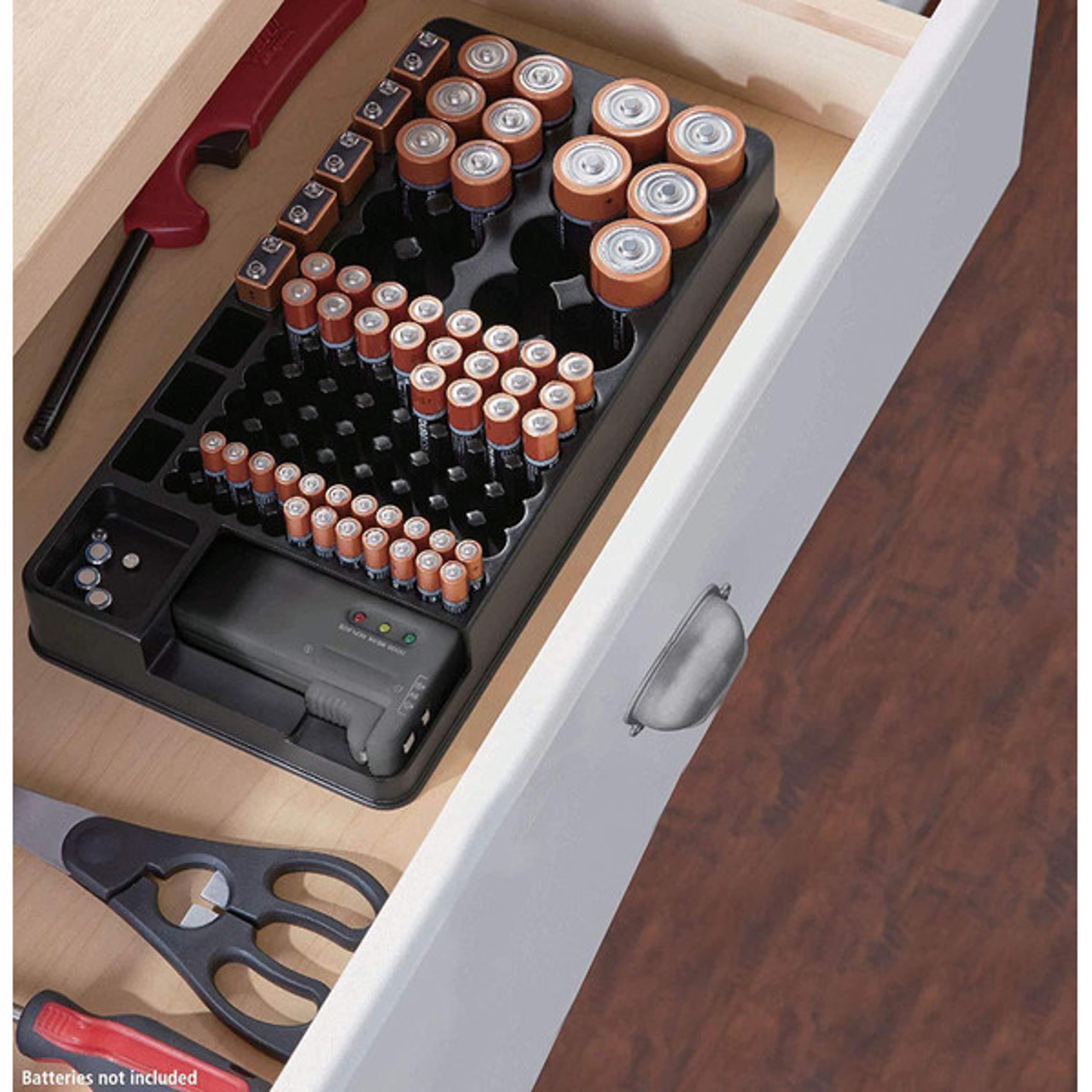 battery storage organizer with tester – ultimate battery caddy for drawers & walls