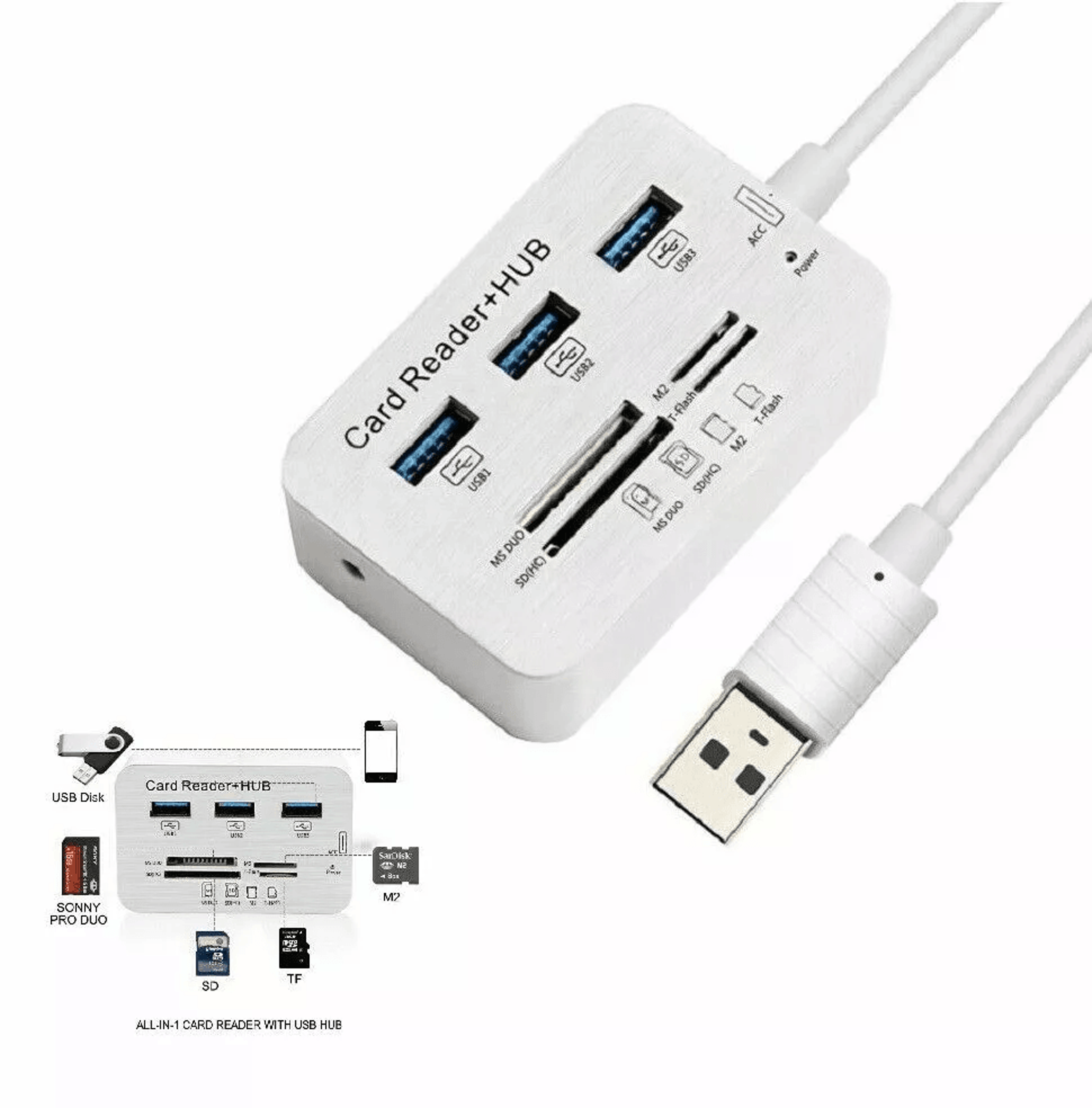 aluminum 3 port usb hub & memory card reader adapter