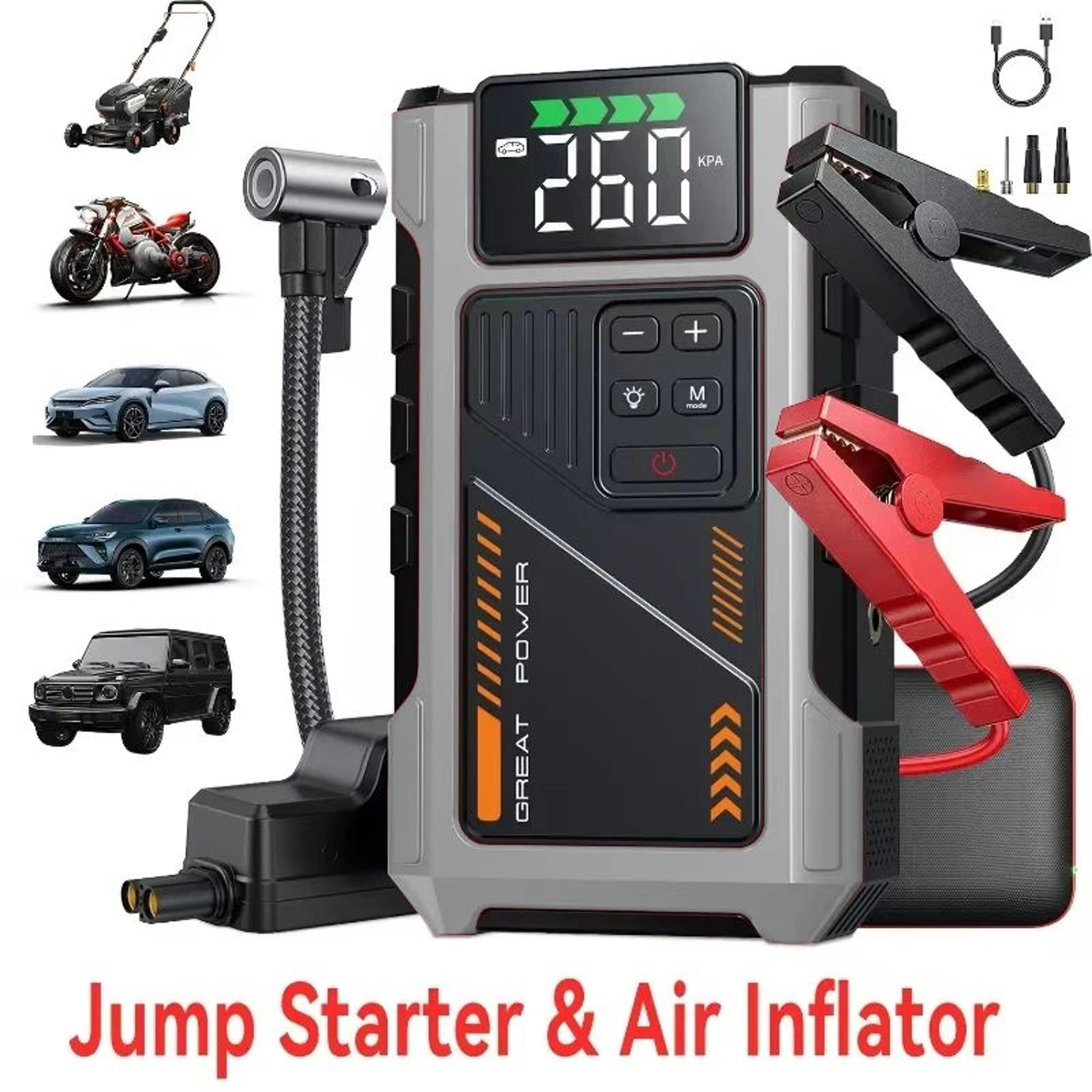 portable car jump starter with air compressor 3000a, jump starter battery pack 150 psi tire inflator & led light