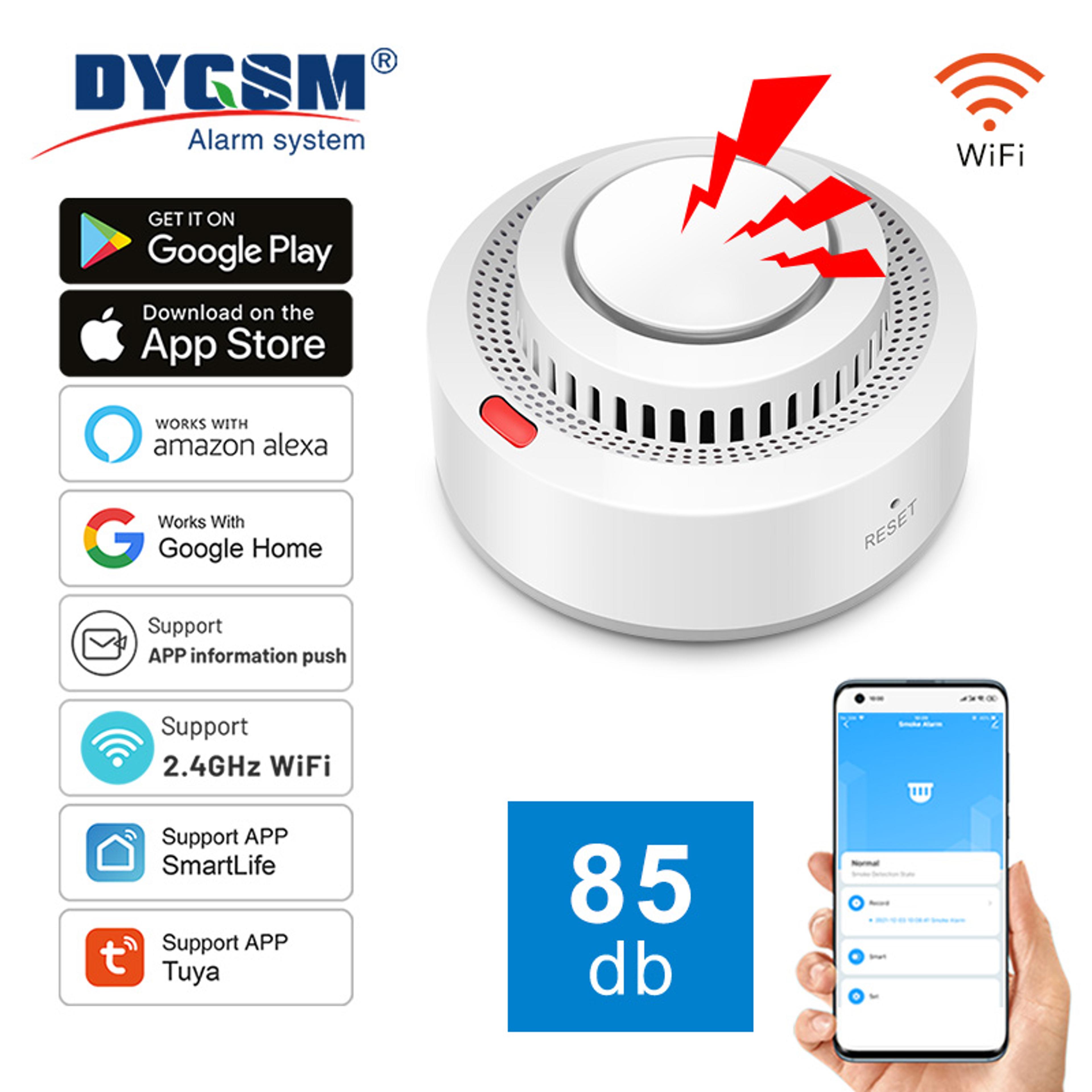 smart wifi smoke detector tuya app, remote monitoring, comprehensive detection, works with alexa google for home safety