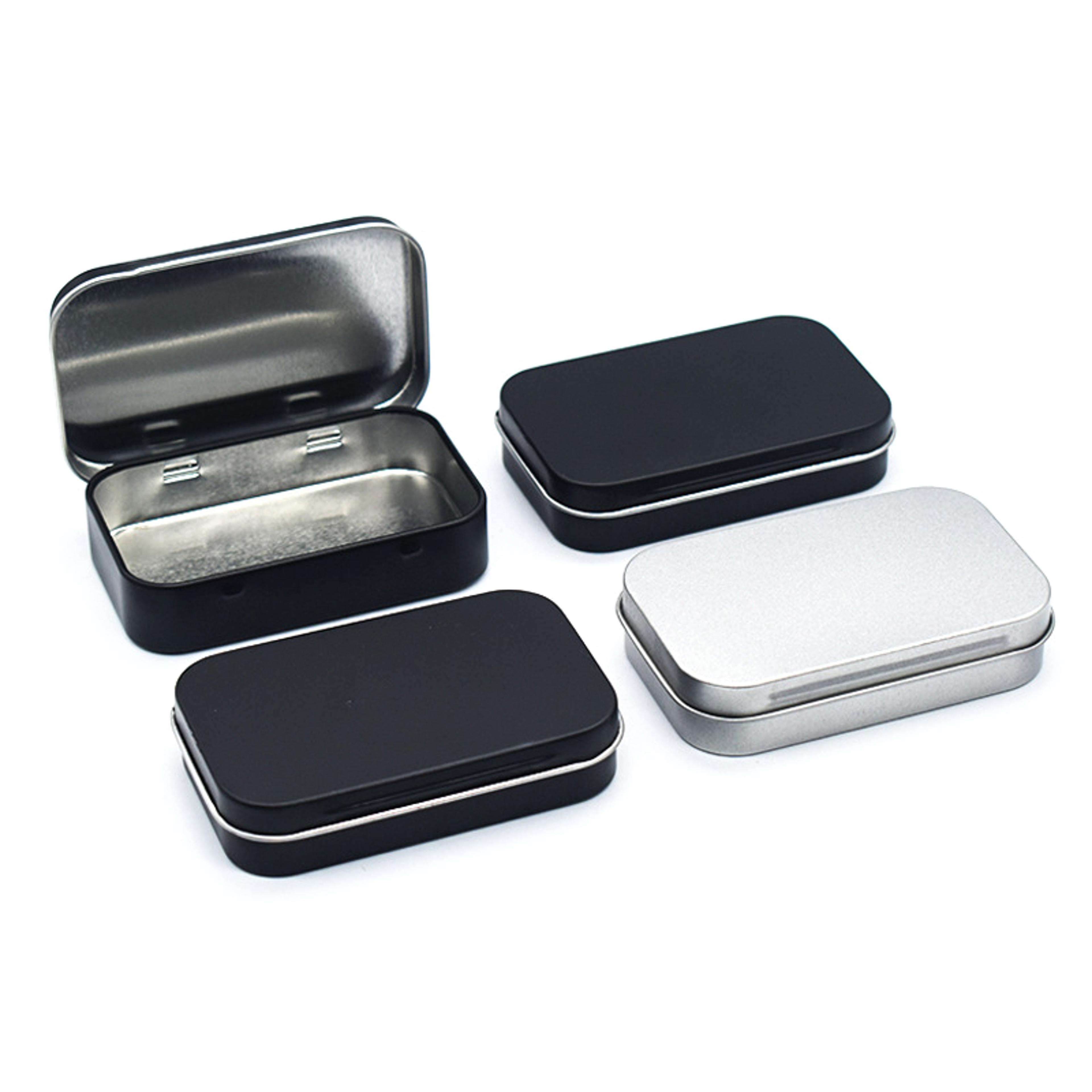 metal rectangular empty mini tin box, small tinplate push candy pill case bin, hinged storage organizer box for crafts