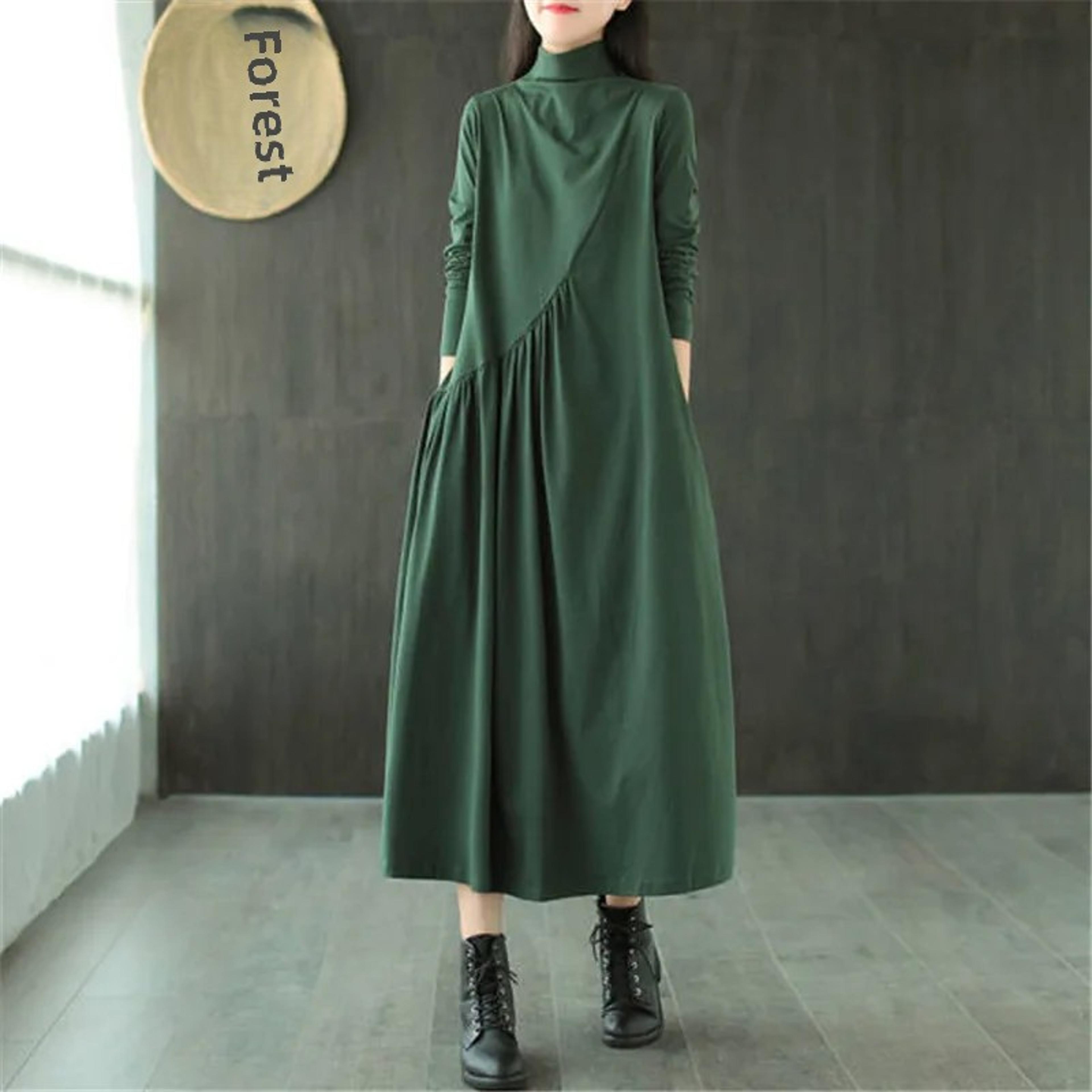 vintage artistic dress for women, loose fit polo neck, medium length slimming skirt, stylish age reducing spring fashion