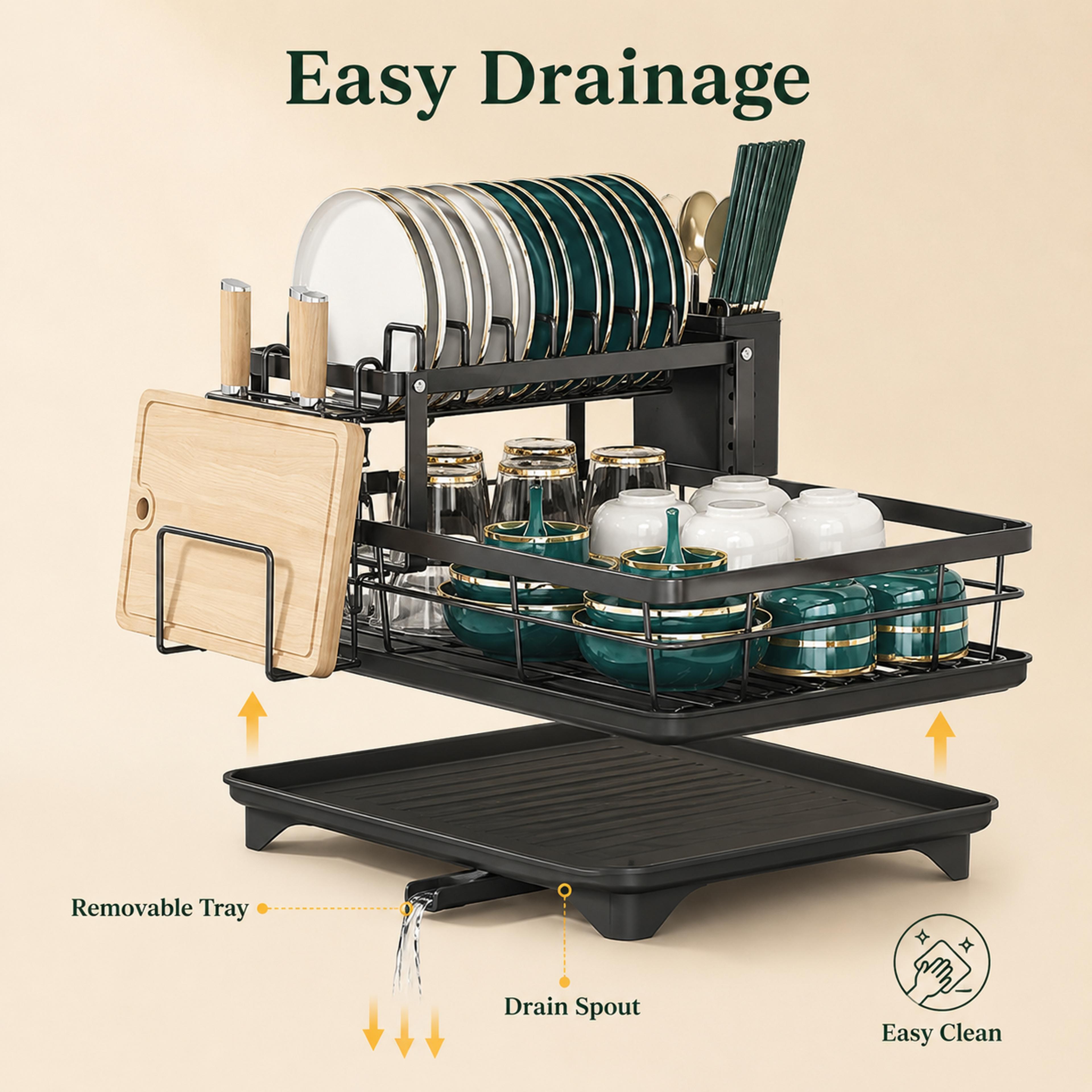 large capacity tier dish drying rack with rotating drain spout & utensil cutting board holder countertop kitchen org