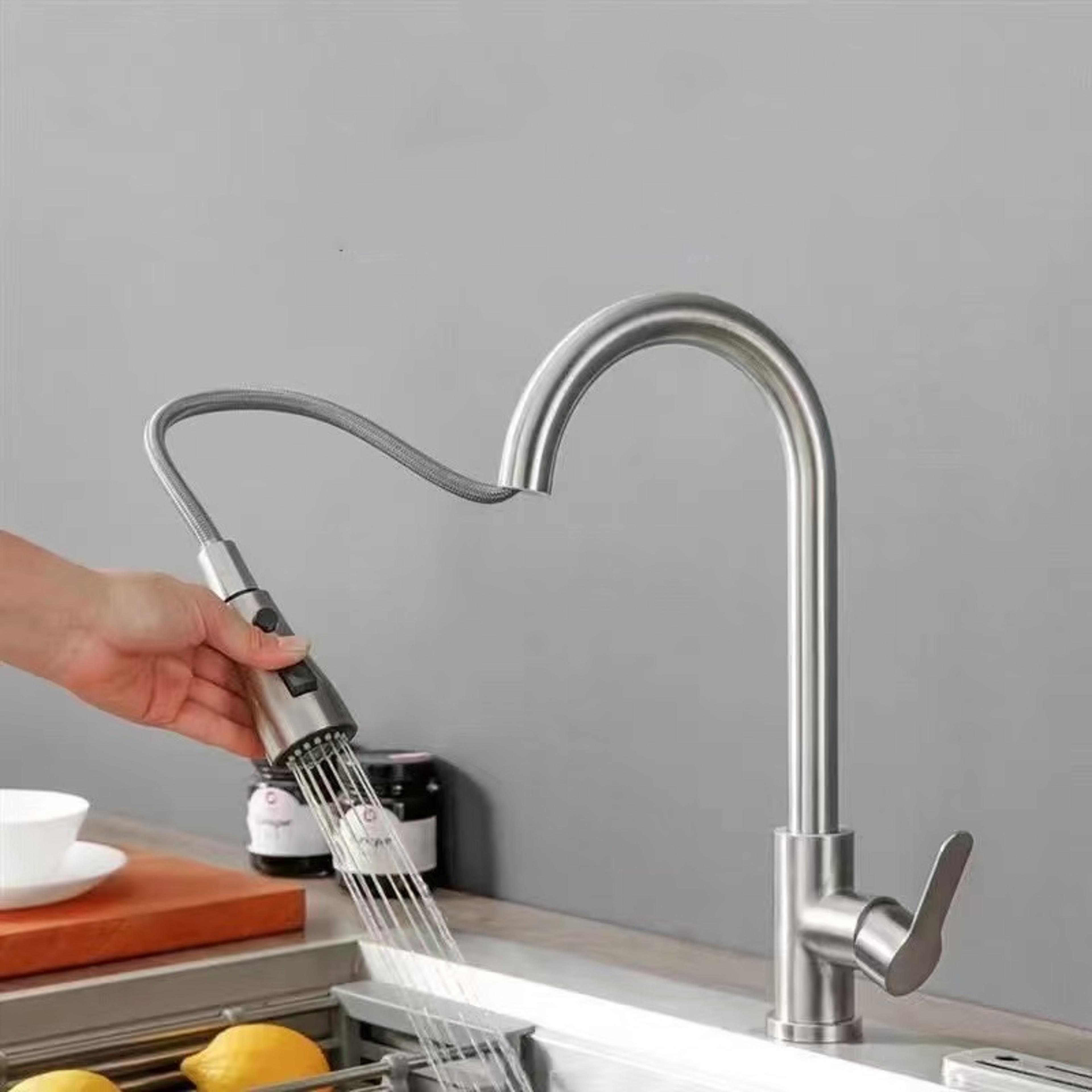 Modern Stainless Steel Pull Out Kitchen Faucet With Swivel High Arc Single Hole Design 5