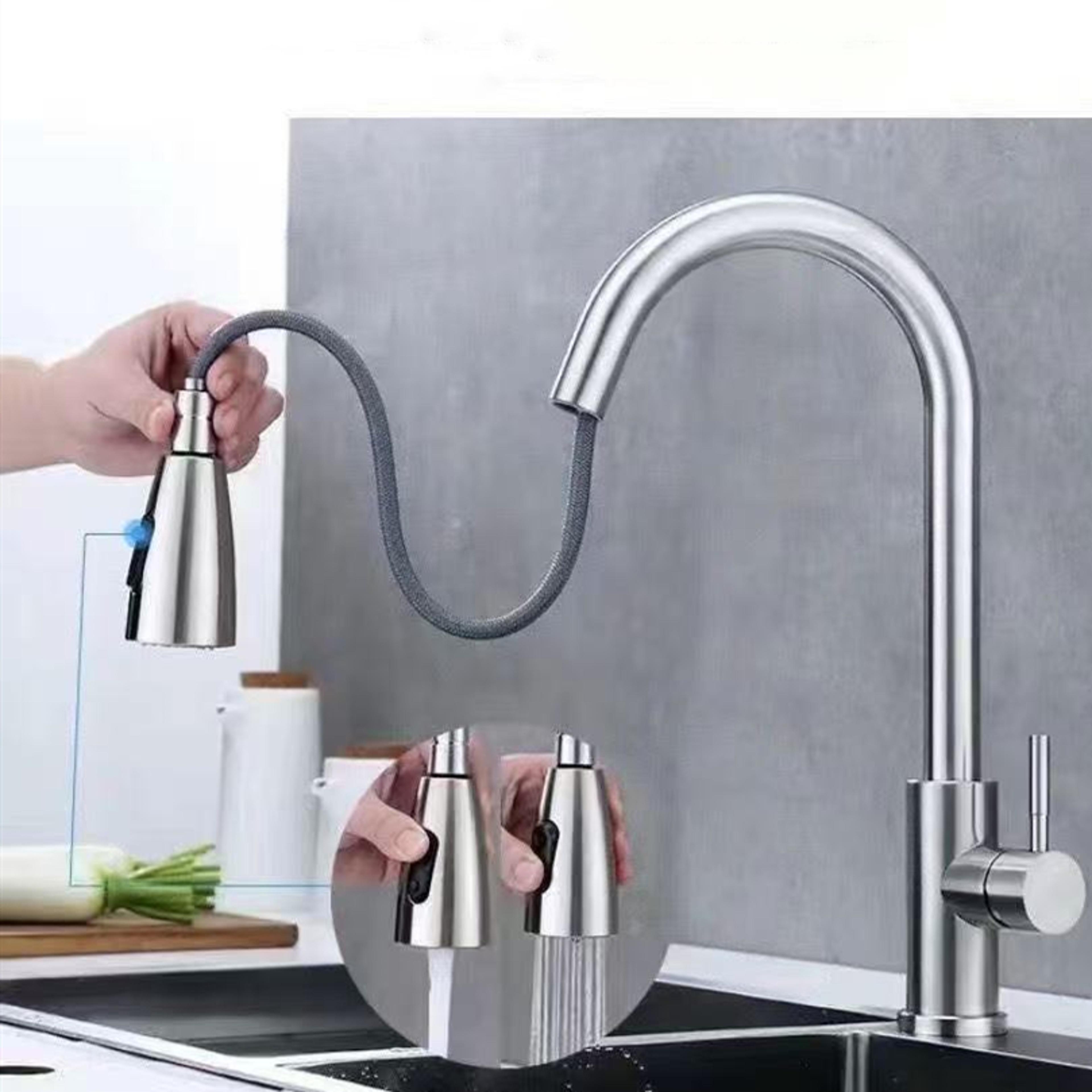 Modern Stainless Steel Pull Out Kitchen Faucet With Swivel High Arc Single Hole Design 2