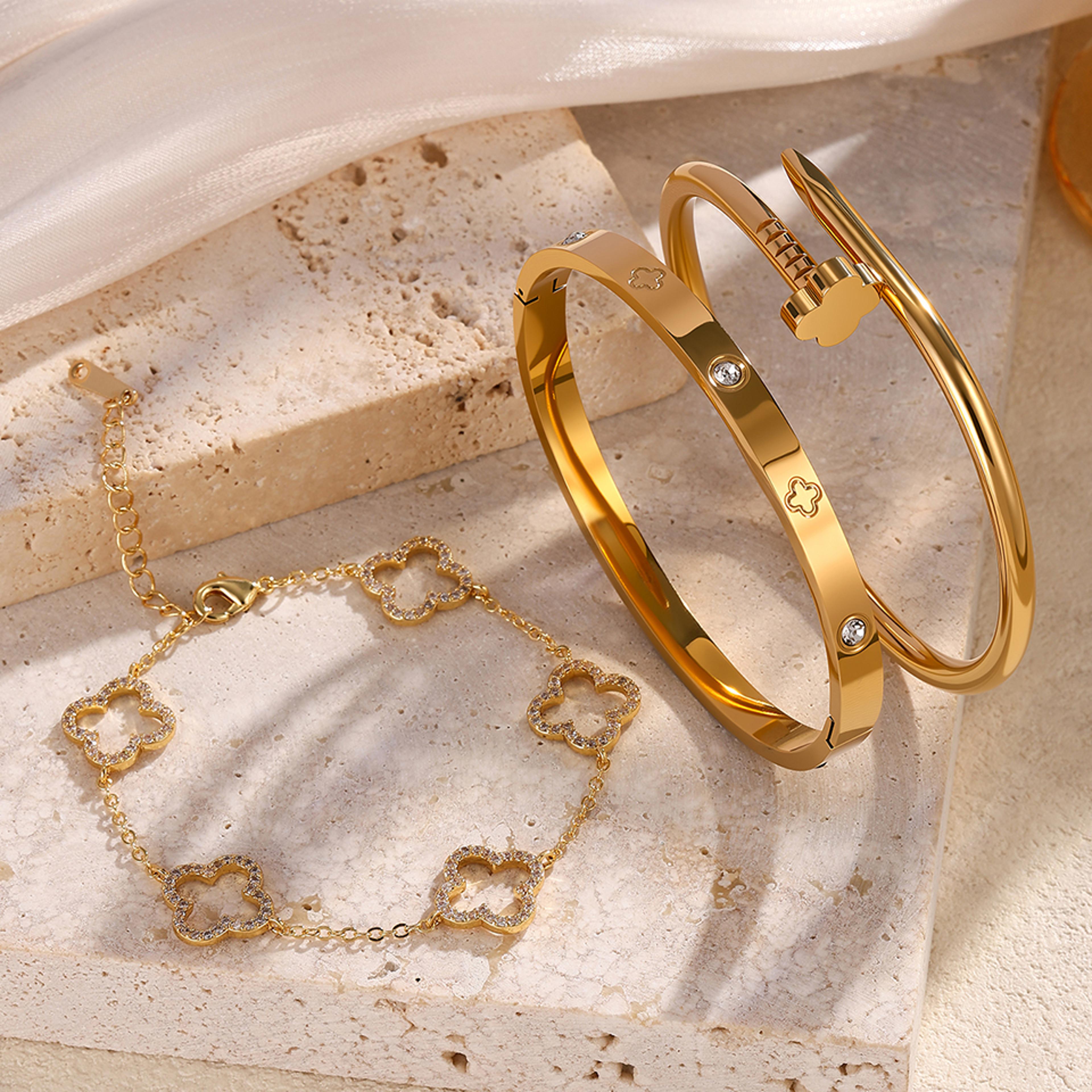Lucky Four Leaf Clover Bracelet Gold Plated Stainless Steel Bracelet With Sparkling Zircon 2