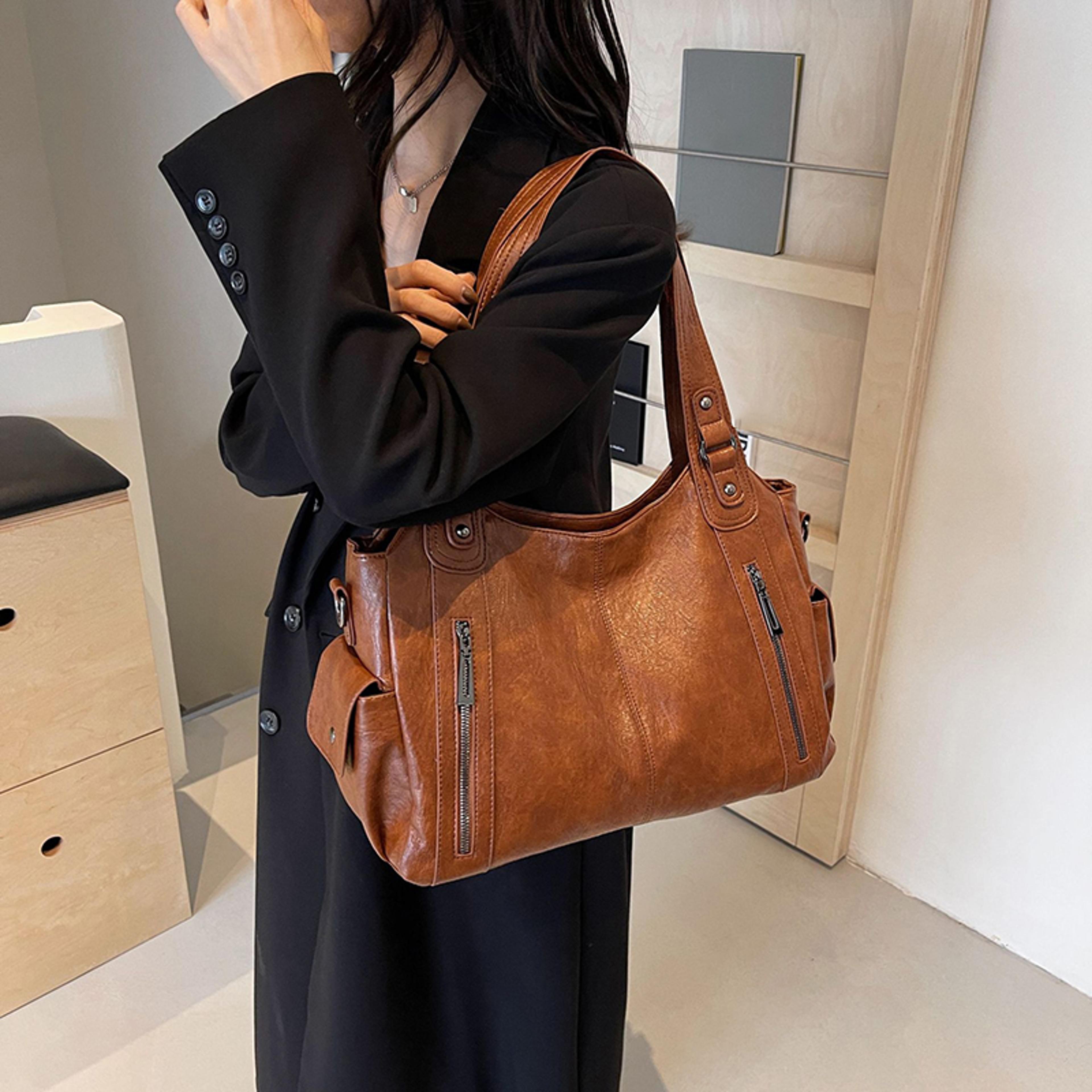 Elegant Women Shoulder Bag Color Block PU Leather Handbag With Soft Interior  Adjustable Crossbody  1