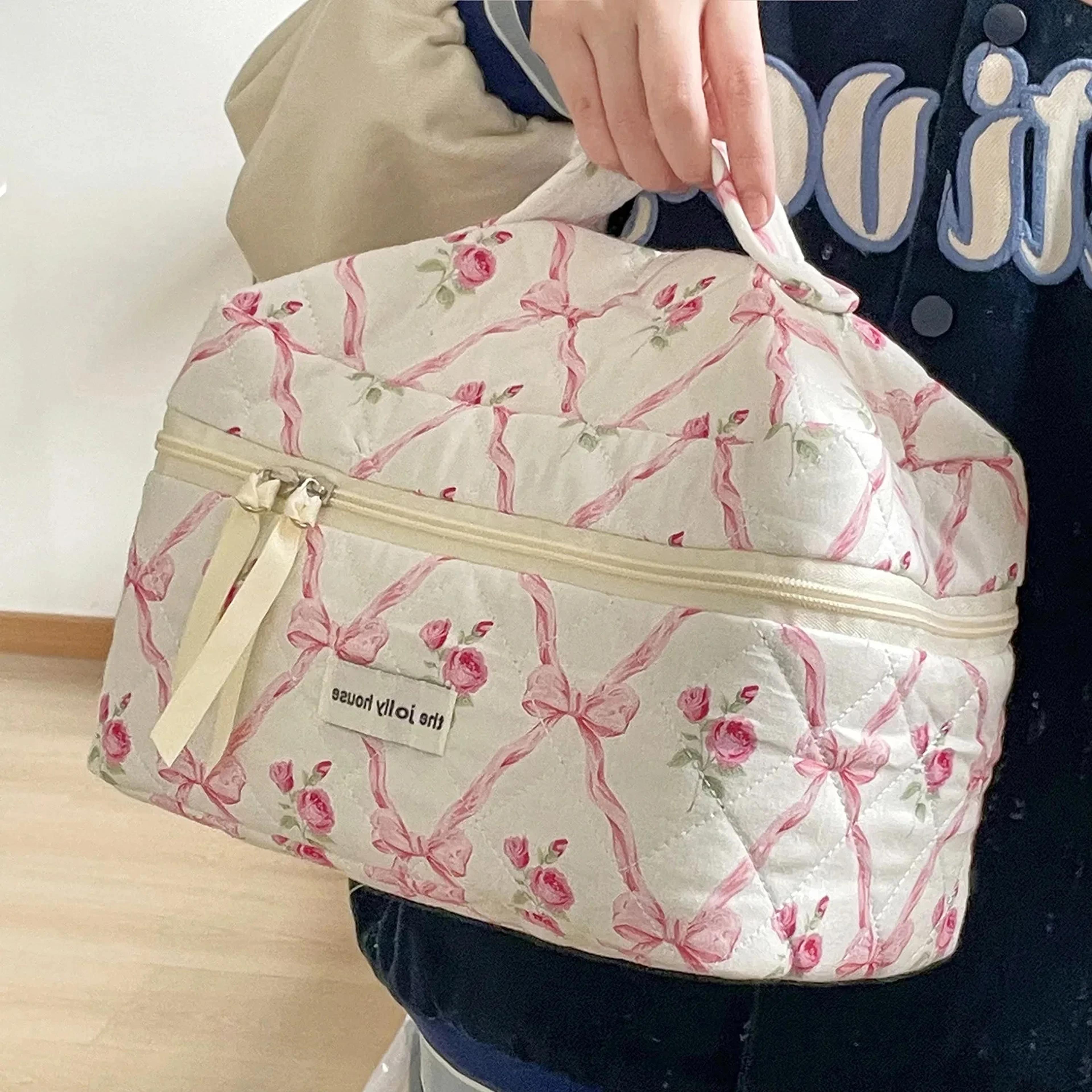 women cute bow flower zipper quilting cotton makeup bag