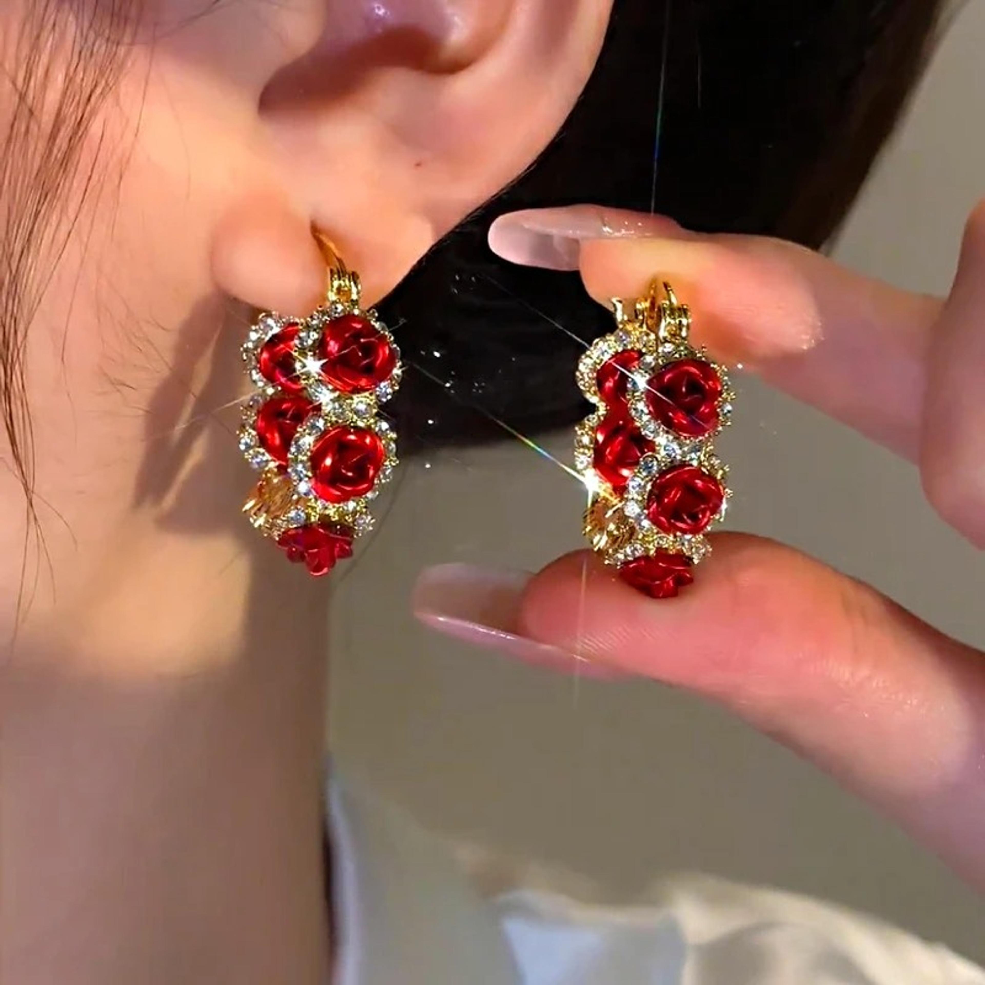 romantic rose flower hoop earrings for women