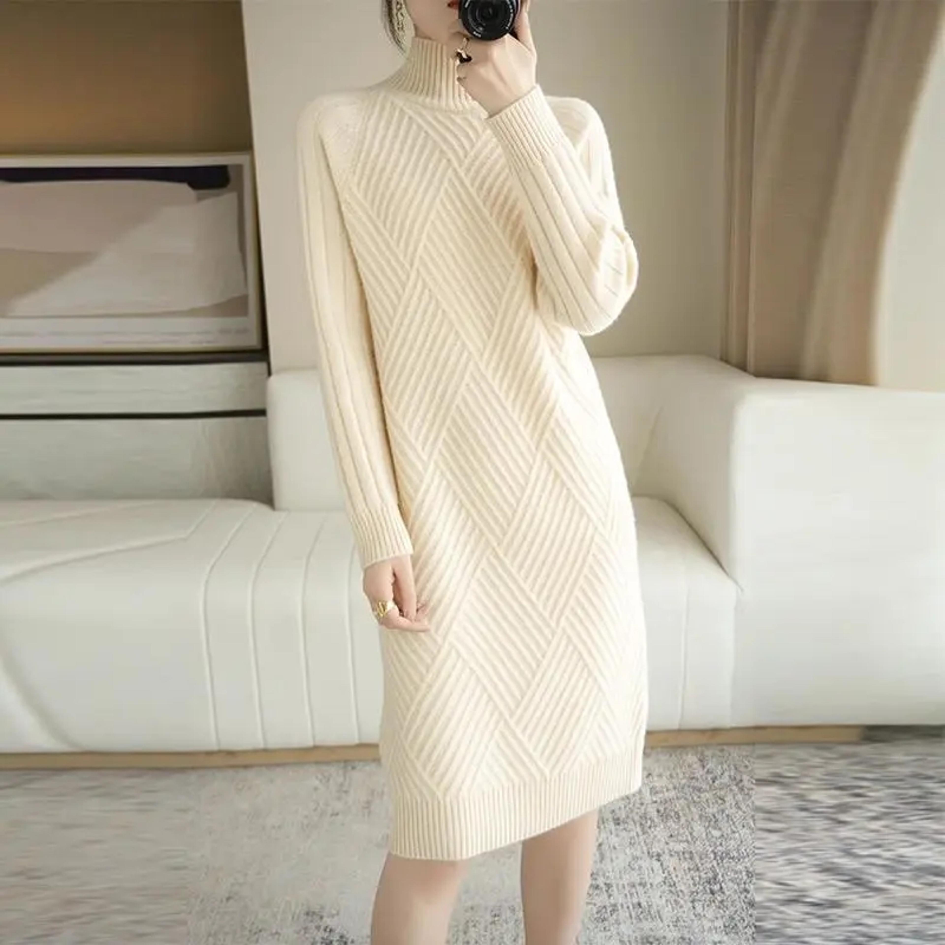autumn winter warm korean turtleneck, long sleeve bottoming knitted dresses, straight sweater dresses women casual knees