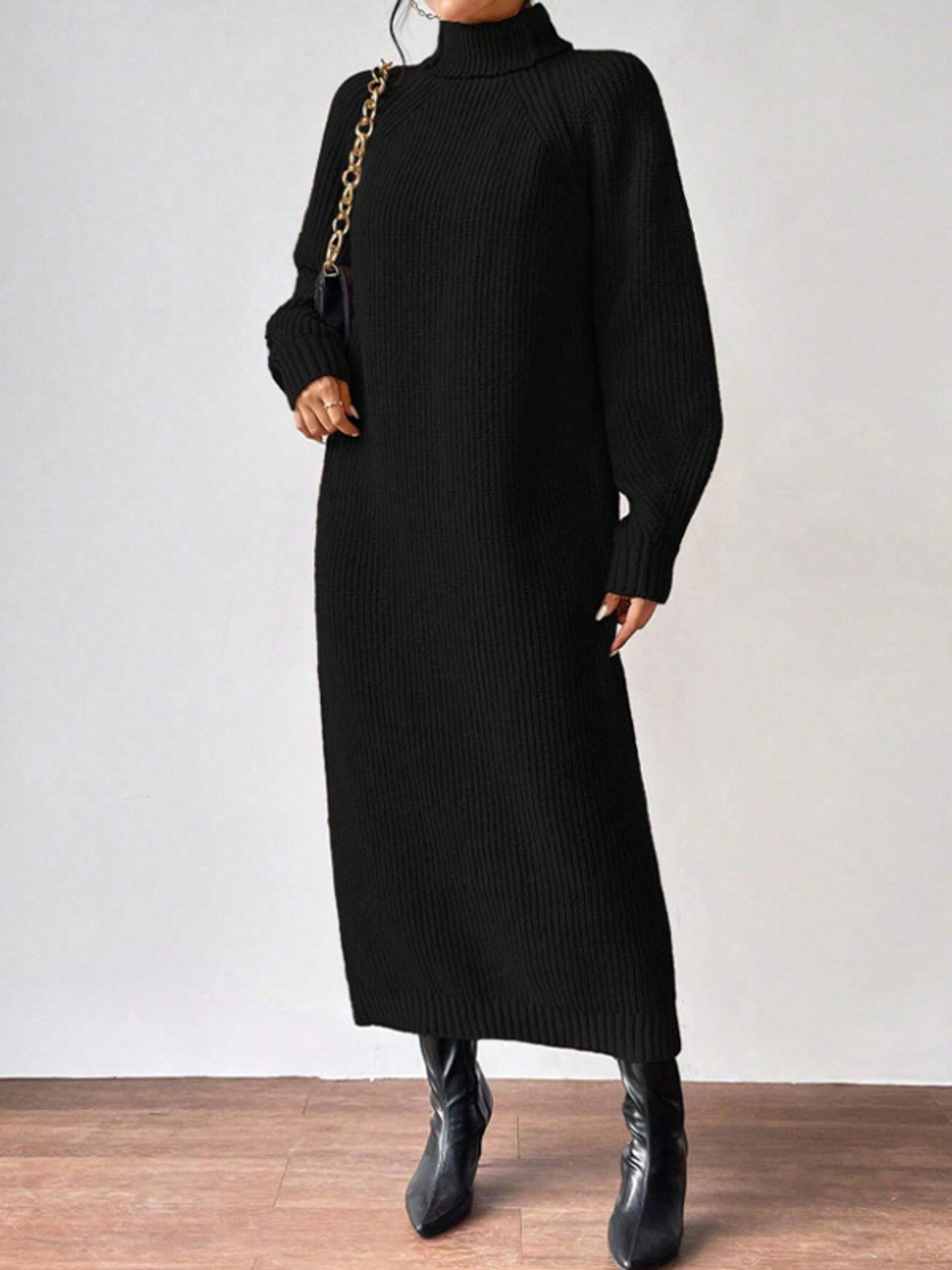 Women Autumn Winter Slouchy Solid Knit Turtleneck Long Sweater Dress Loose Knit Dress Ankle Length  5