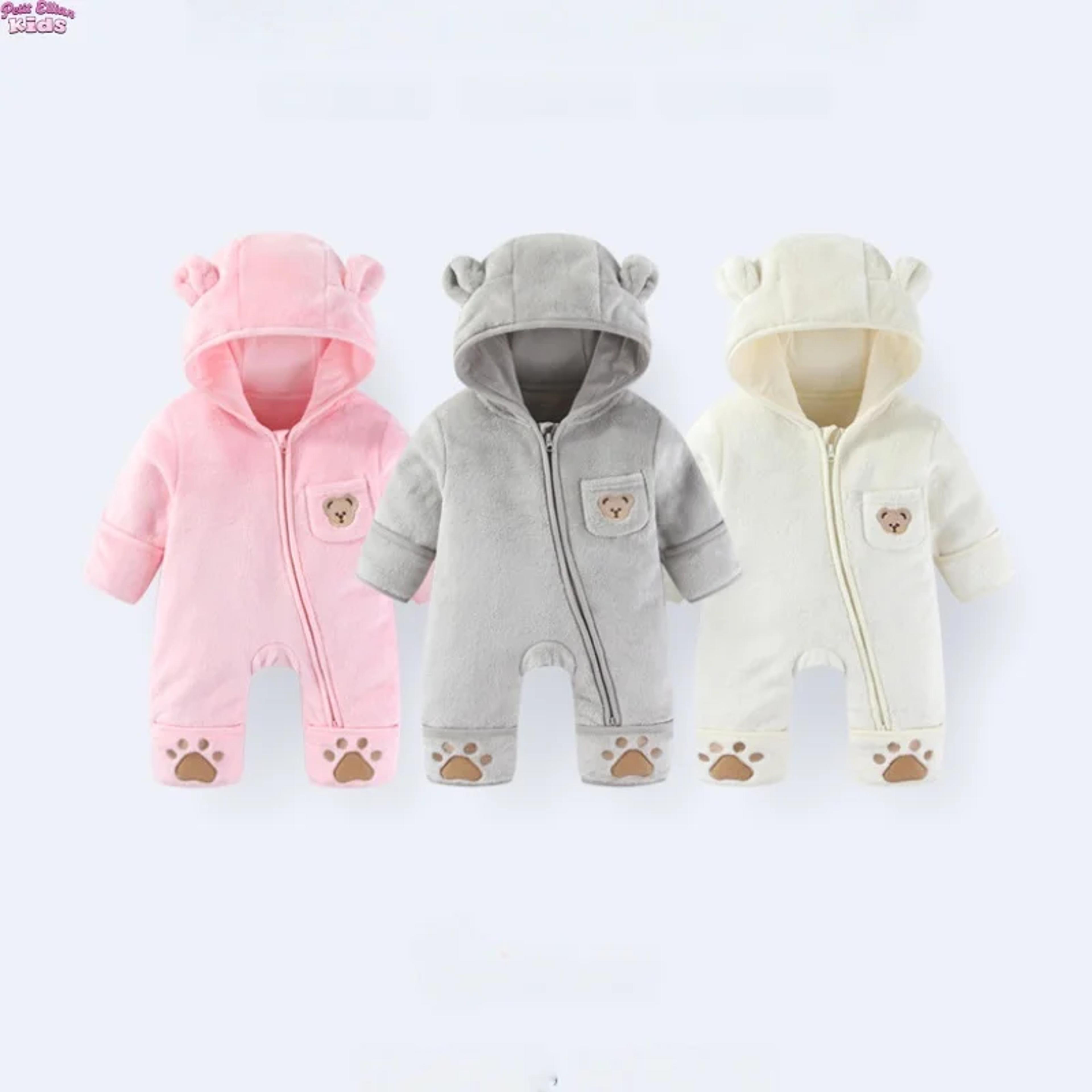 infant baby girls boy winter fleece thickened onesie 0-12m newborn baby romper bear ear hooded jumpsuit with pocket