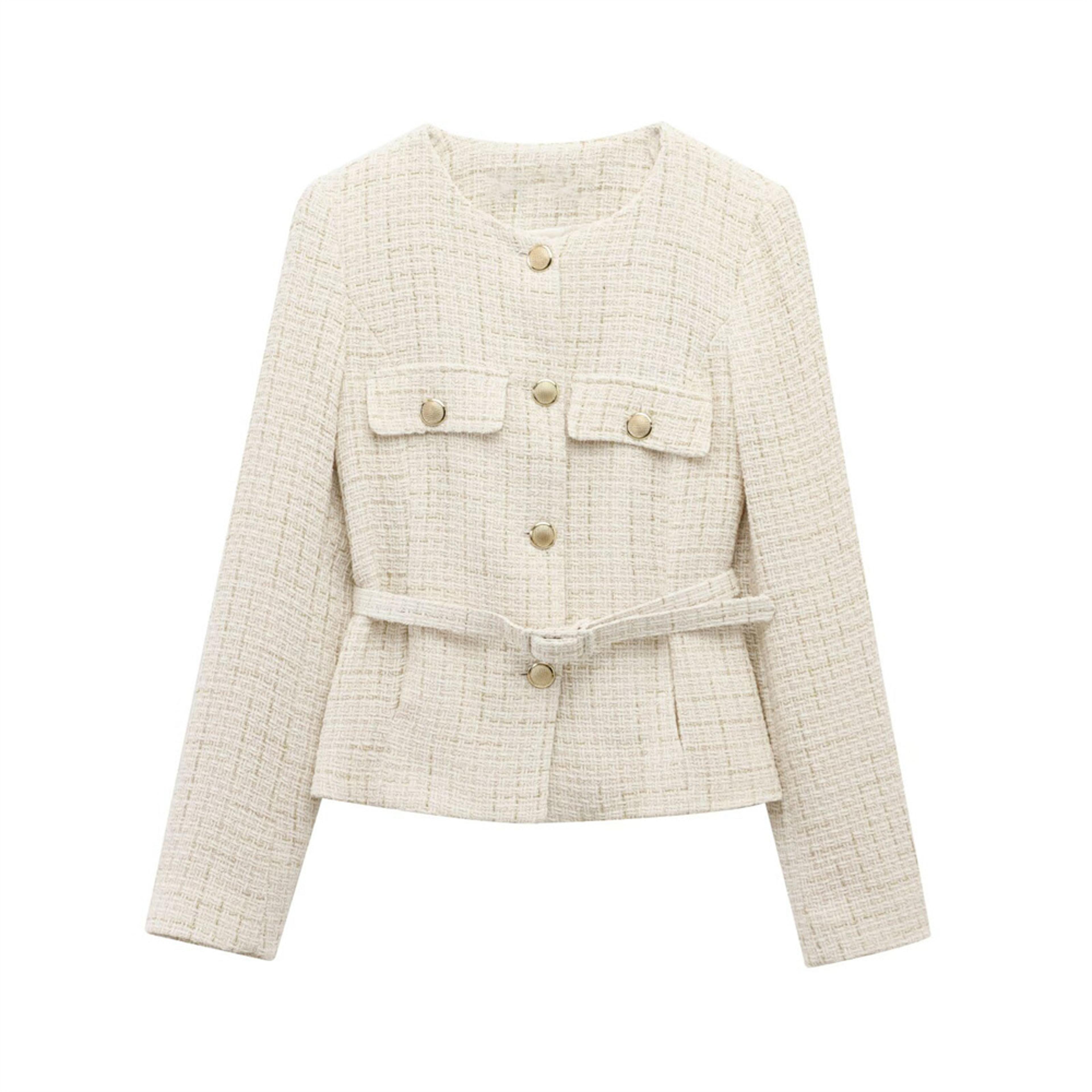 women beige tweed jacket with gold buttons belt long sleeves front pockets stylish fall winter layered outerwear