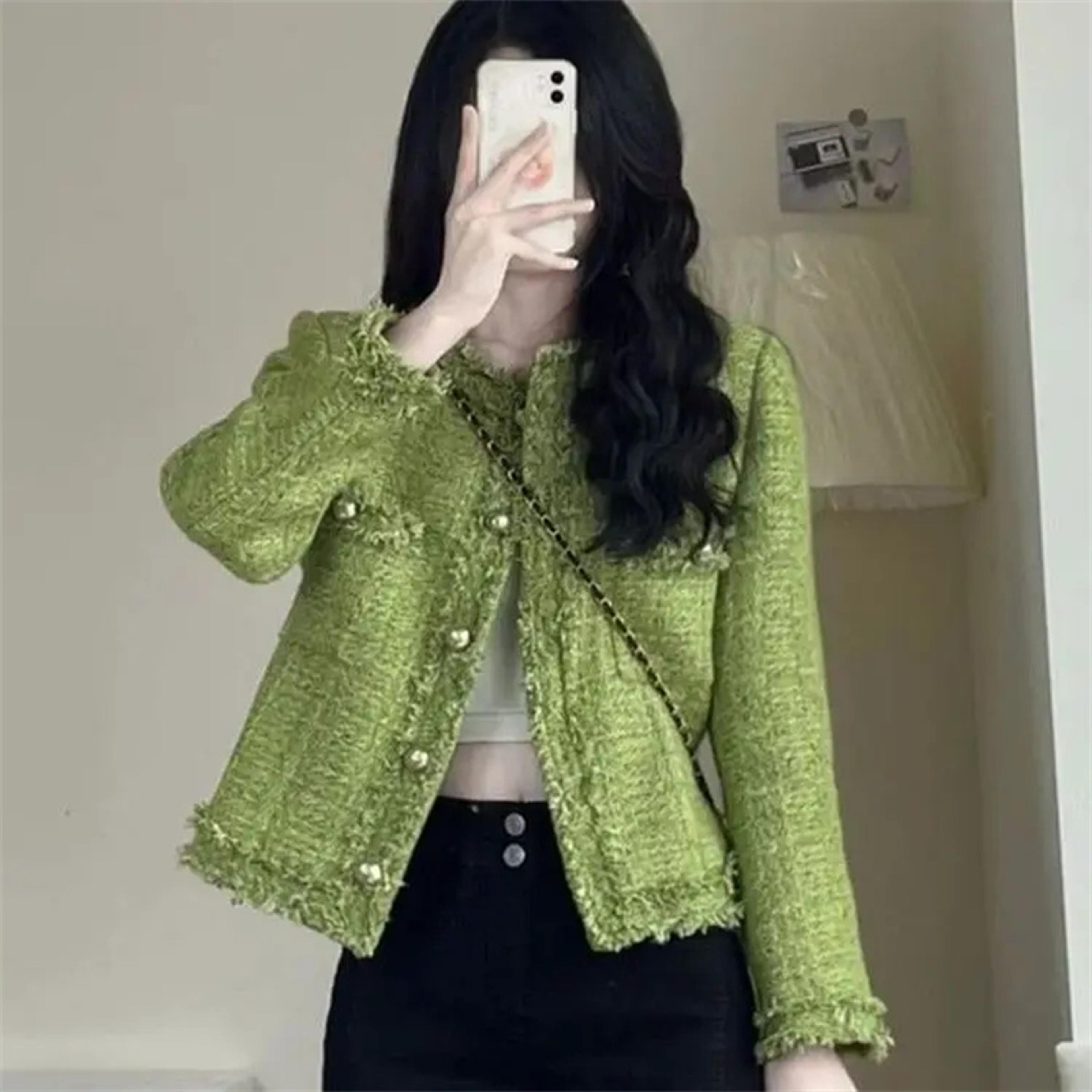 new autumn winter korean single breasted short tweed coat women long sleeve vintage green jackets female outerwear