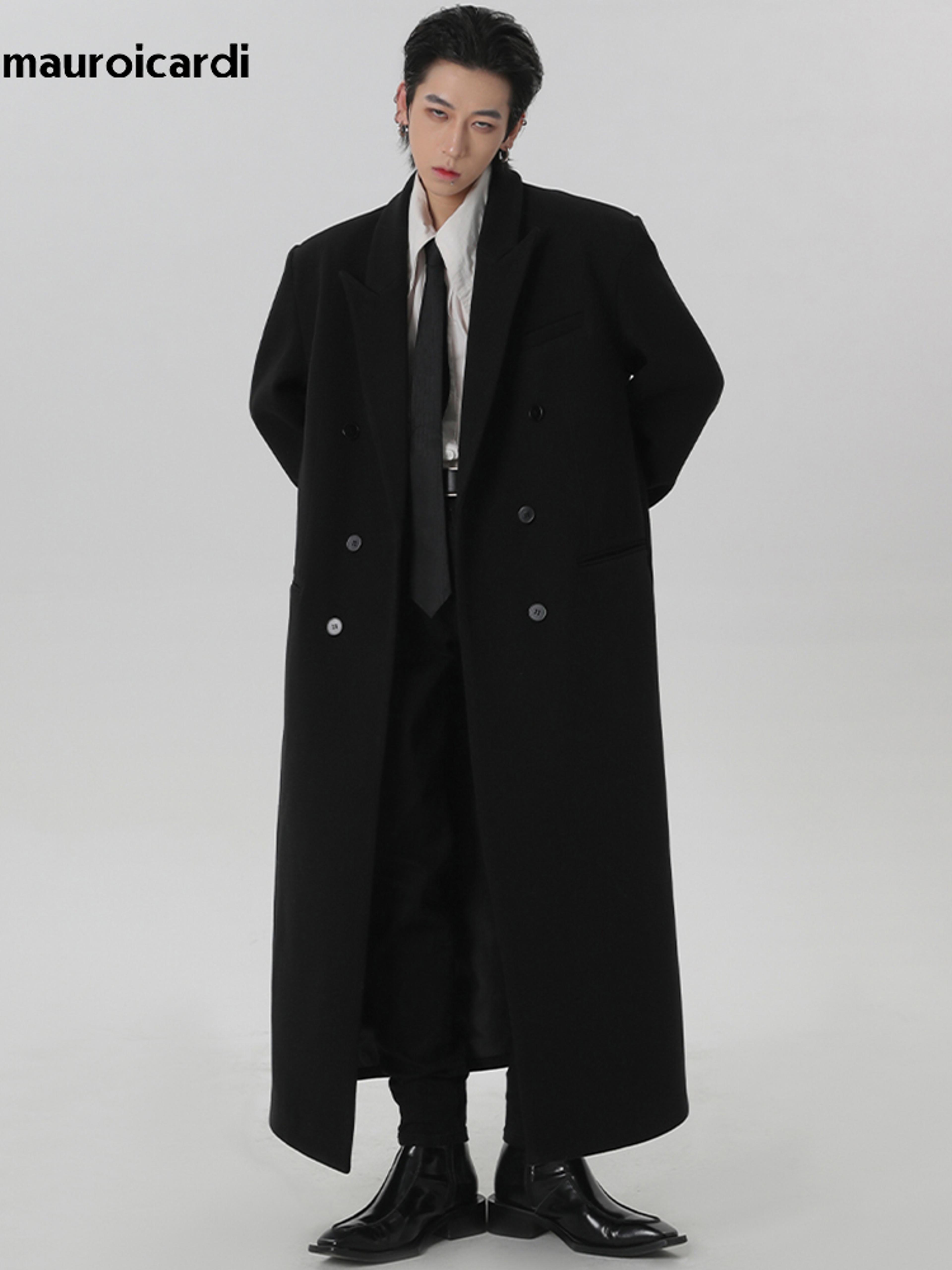 autumn winter extra long black oversized coat men, double breasted luxury outerwear with shoulder pads