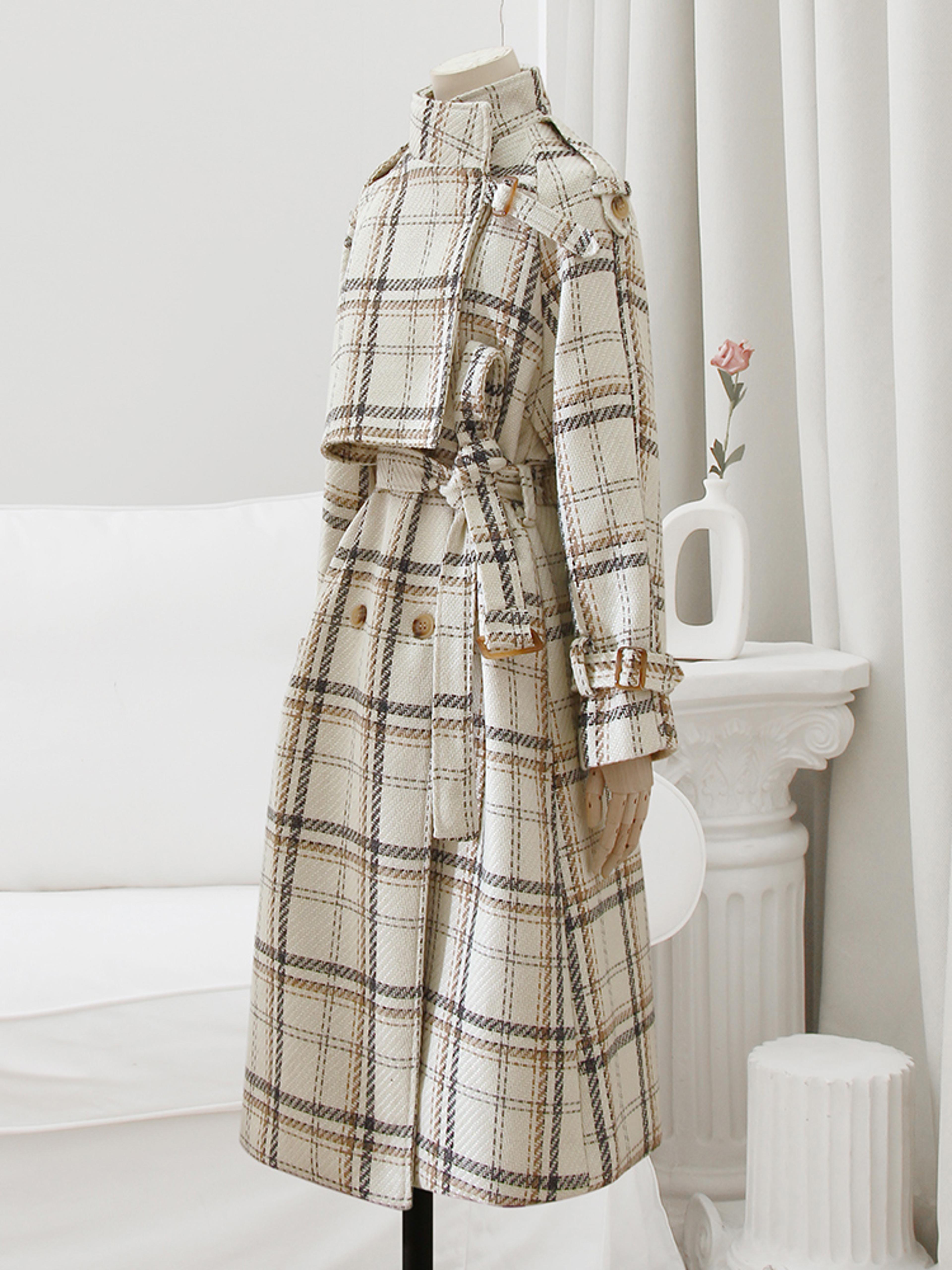 plaid wool blends trench coat for women, autumn winter warm long loose overcoat with belt, raglan sleeve double breasted