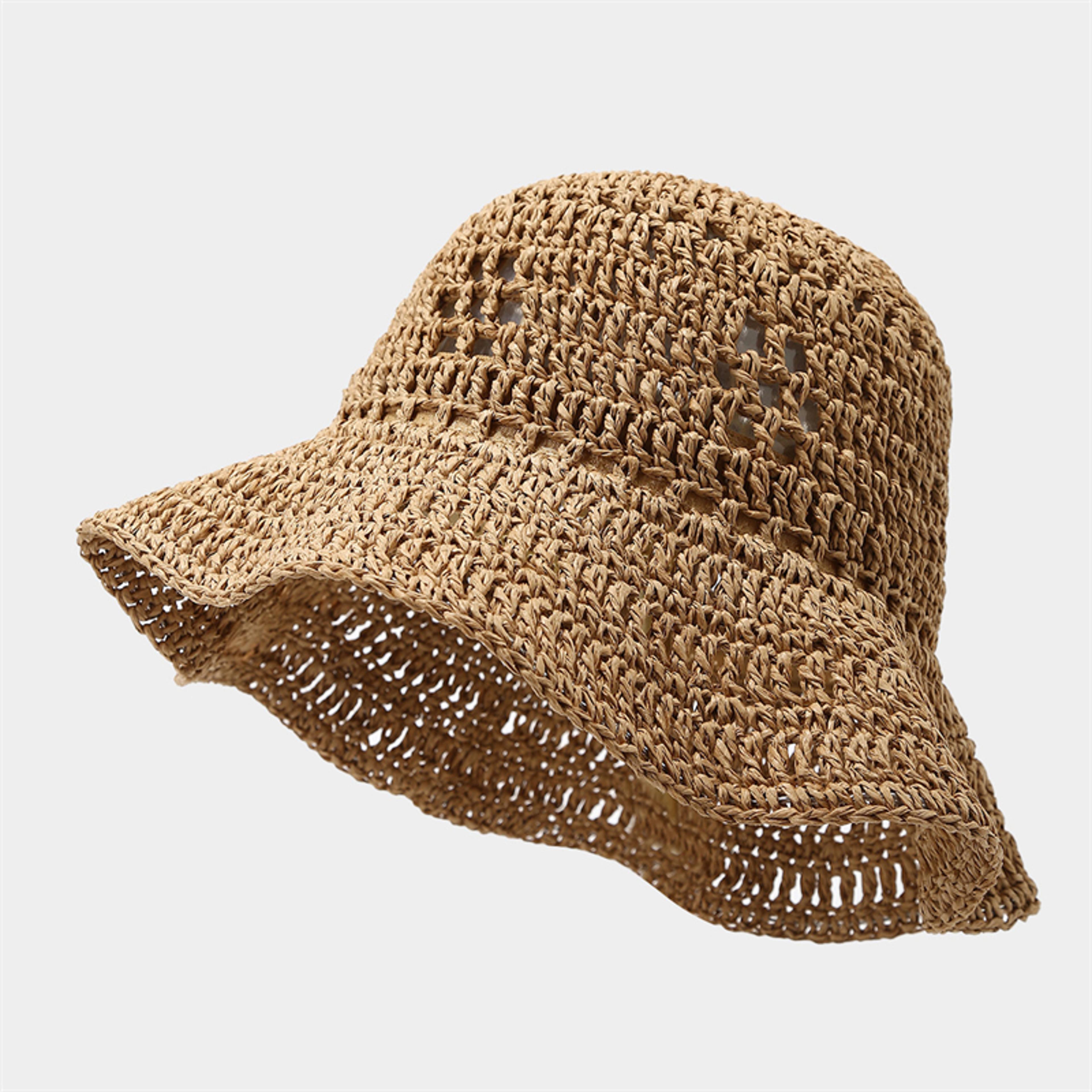 Womens Straw Bucket Hat Breathable Wide Brim Sunshade For Beach Travel 5