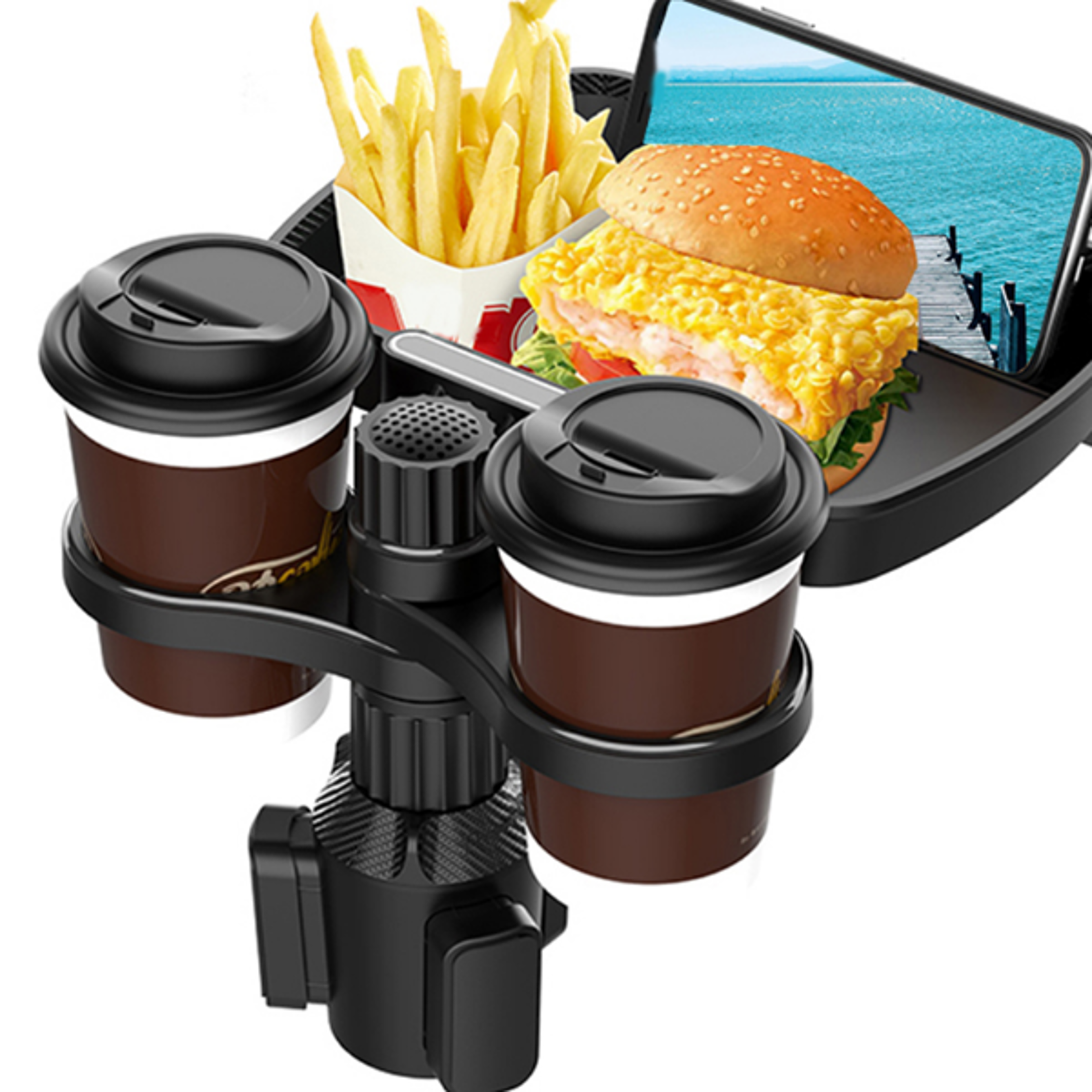 adjustable dual cup holder expander for rotating multifunctional car seat tray drink holder