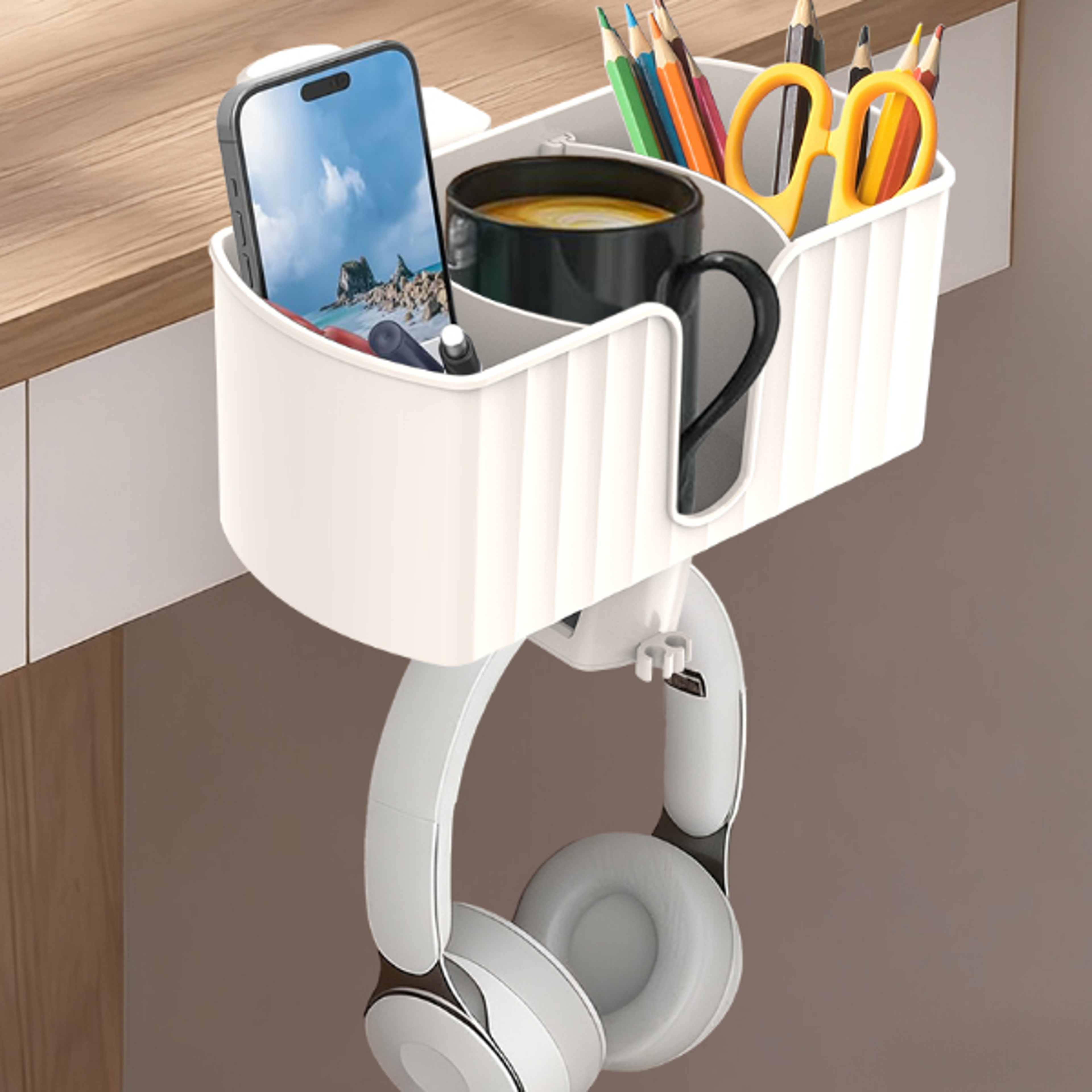 rotating under desk cup holder and headphone hanger with wire holes for phone, pen, and cup