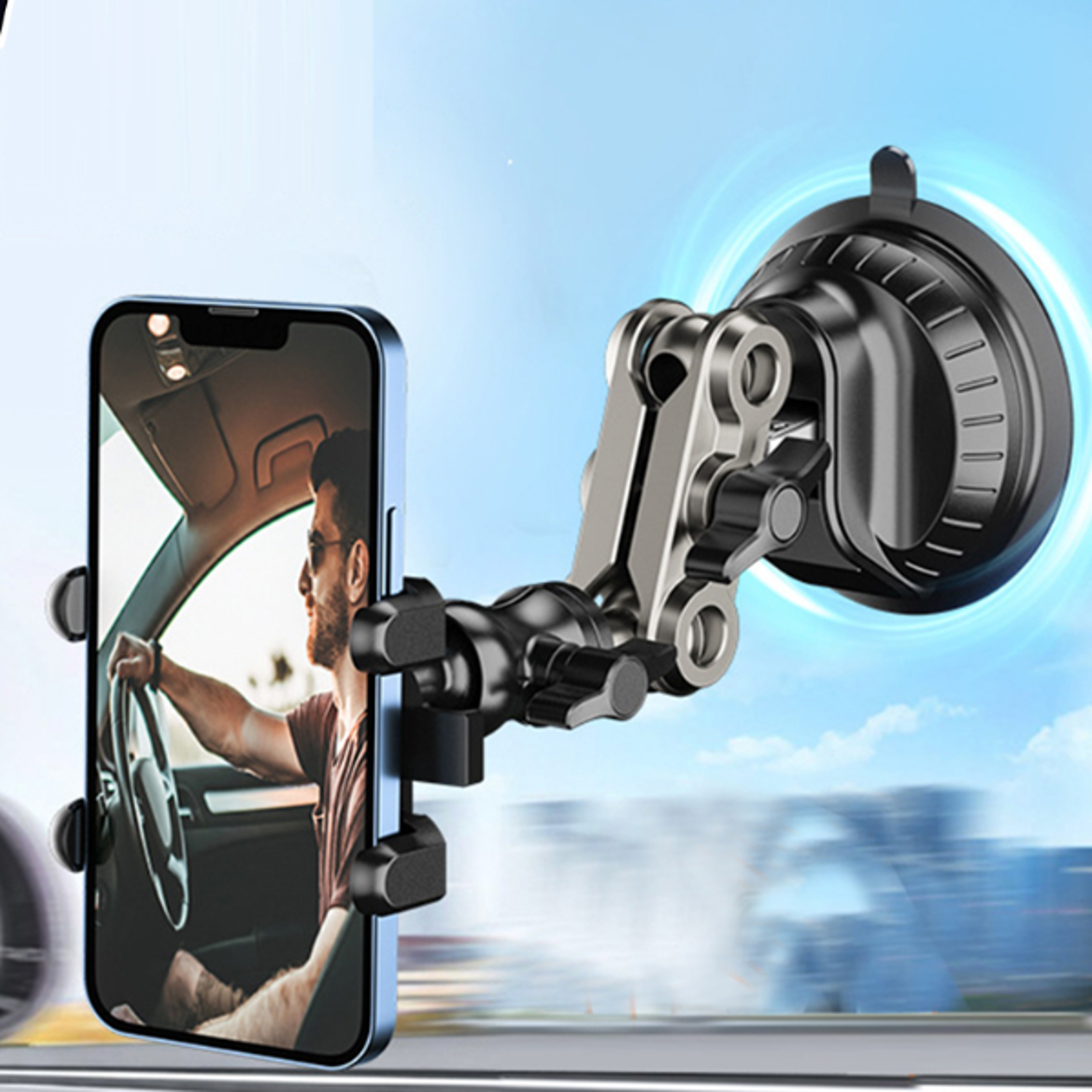 car phone holder, video recording magic arm suction mount, windshield glass mount for vlogging