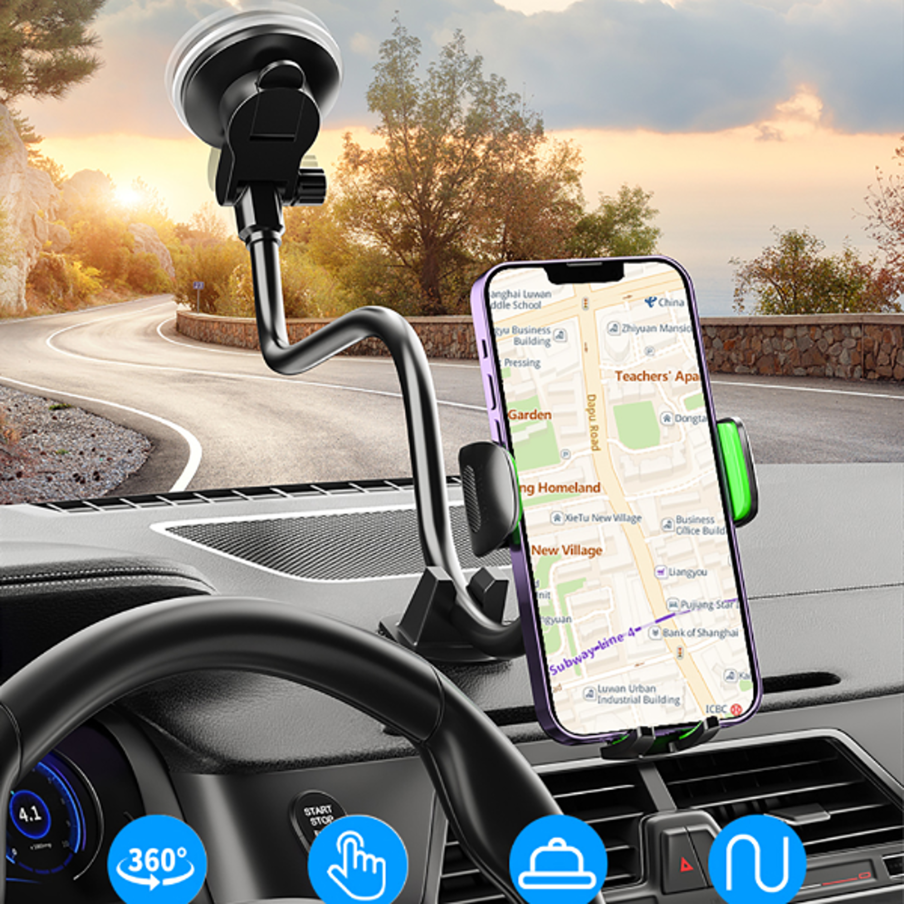 windshield/dashboard car phone holder mount, suction cup for truck compatibility