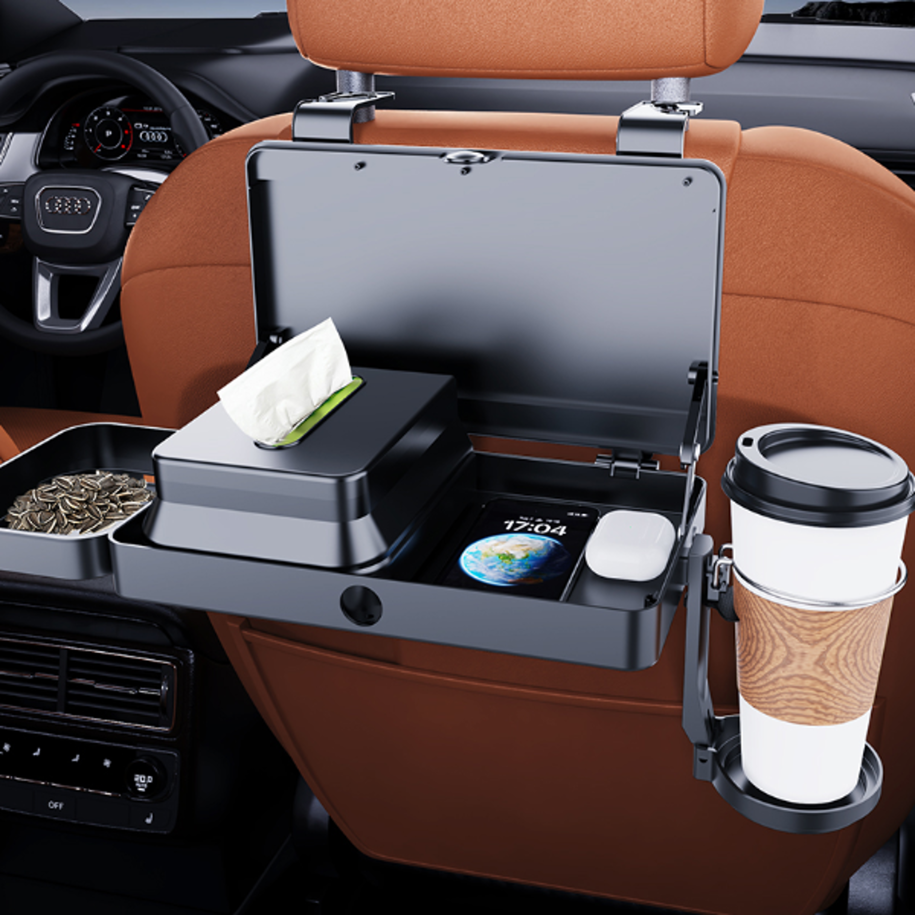 backseat organizer with foldable tray, dual cup holders, phone slot, lrbh premium plastic vehicle seat back accessories