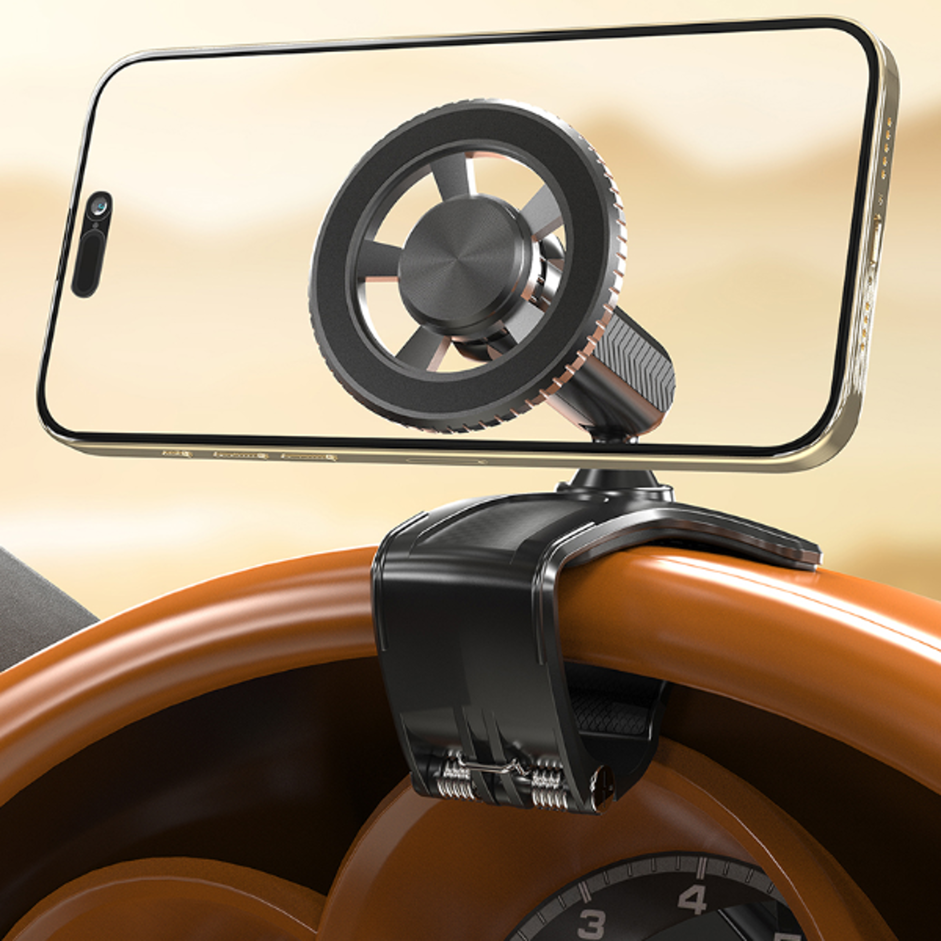 car phone holder, magnetic rotation dashboard clip, strong compression clamp for smartphones