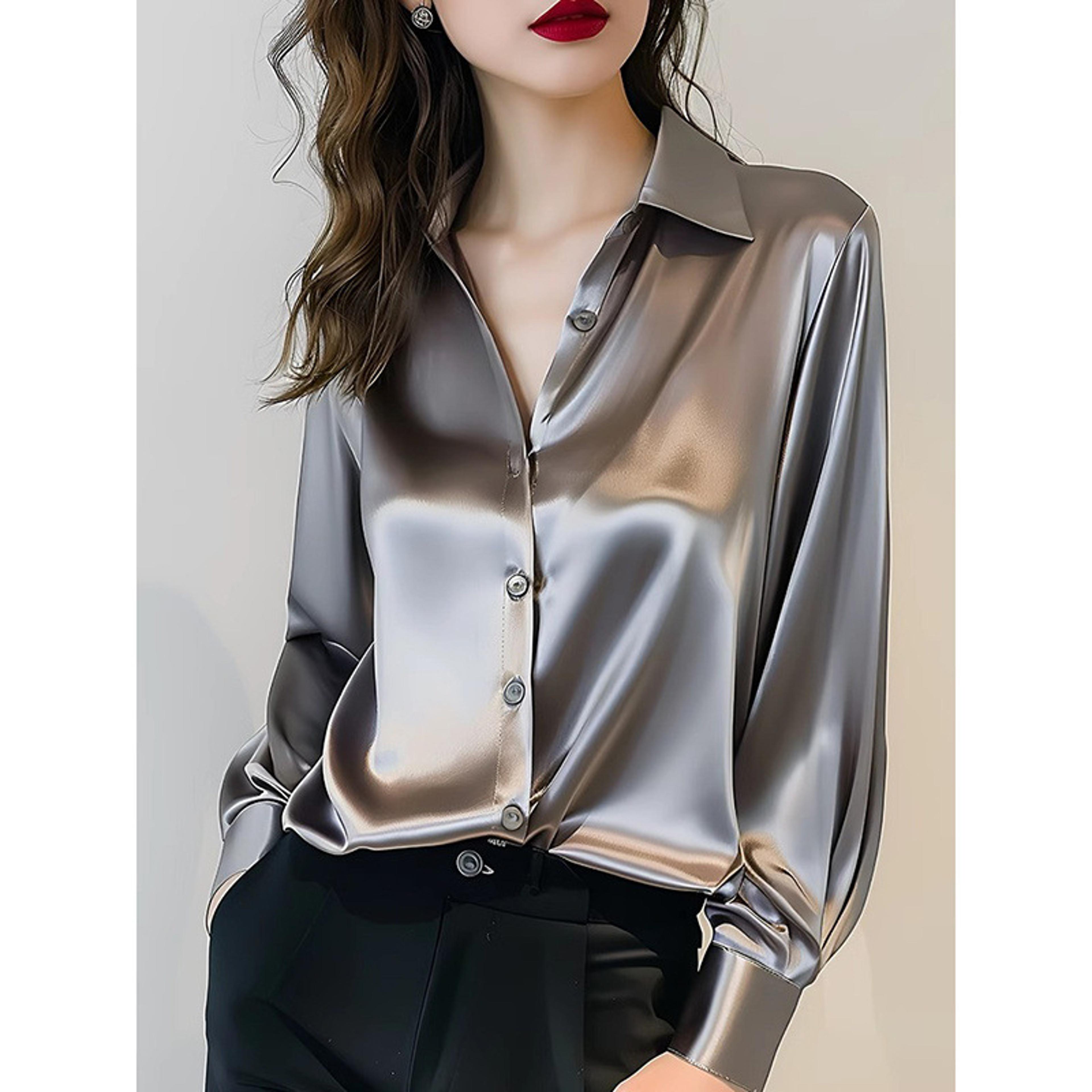 elegant women's satin blouse long sleeve button-up shirt for office