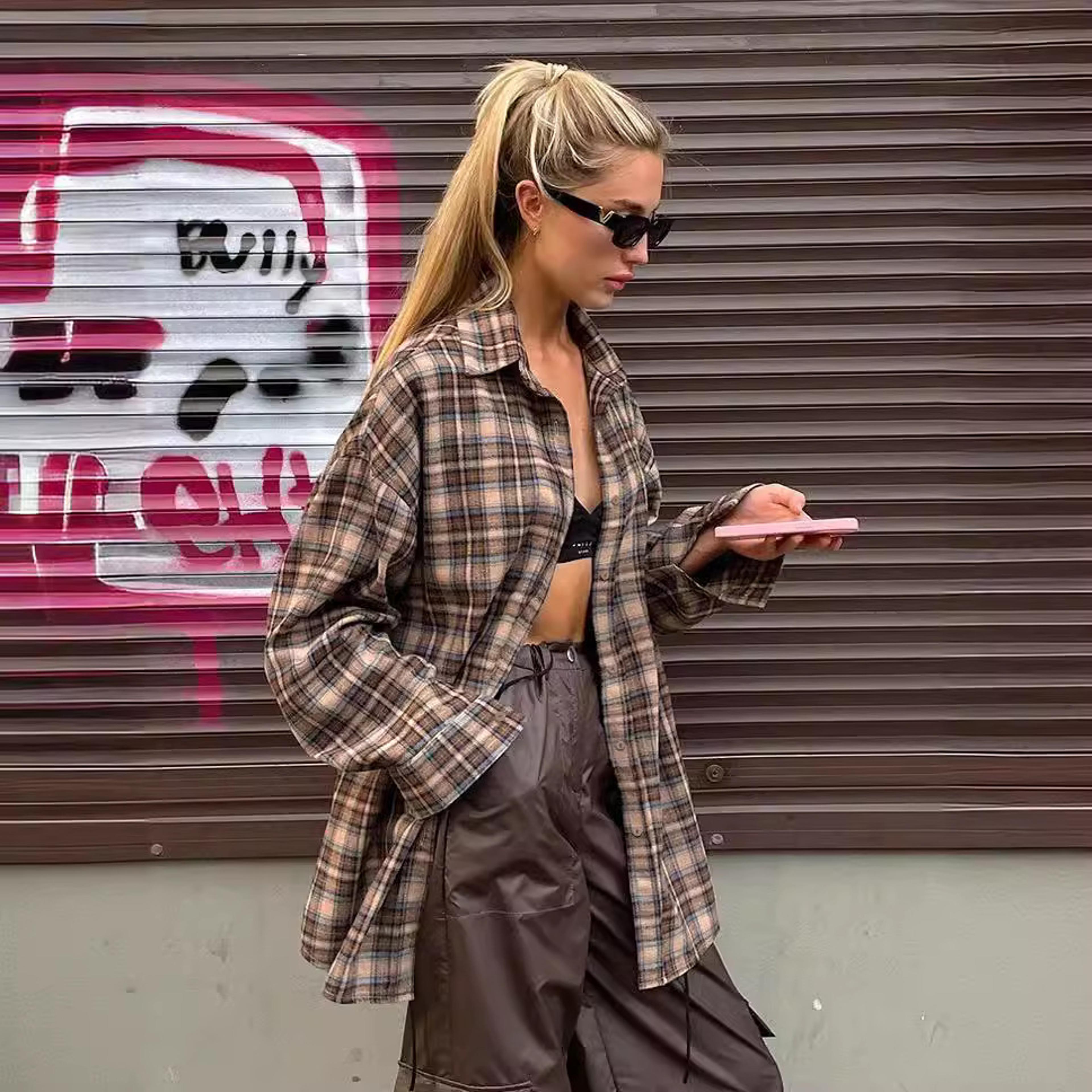 cozy casual plaid shirt for women – loose winter lapel button coat, vintage khaki full sleeve streetwear top