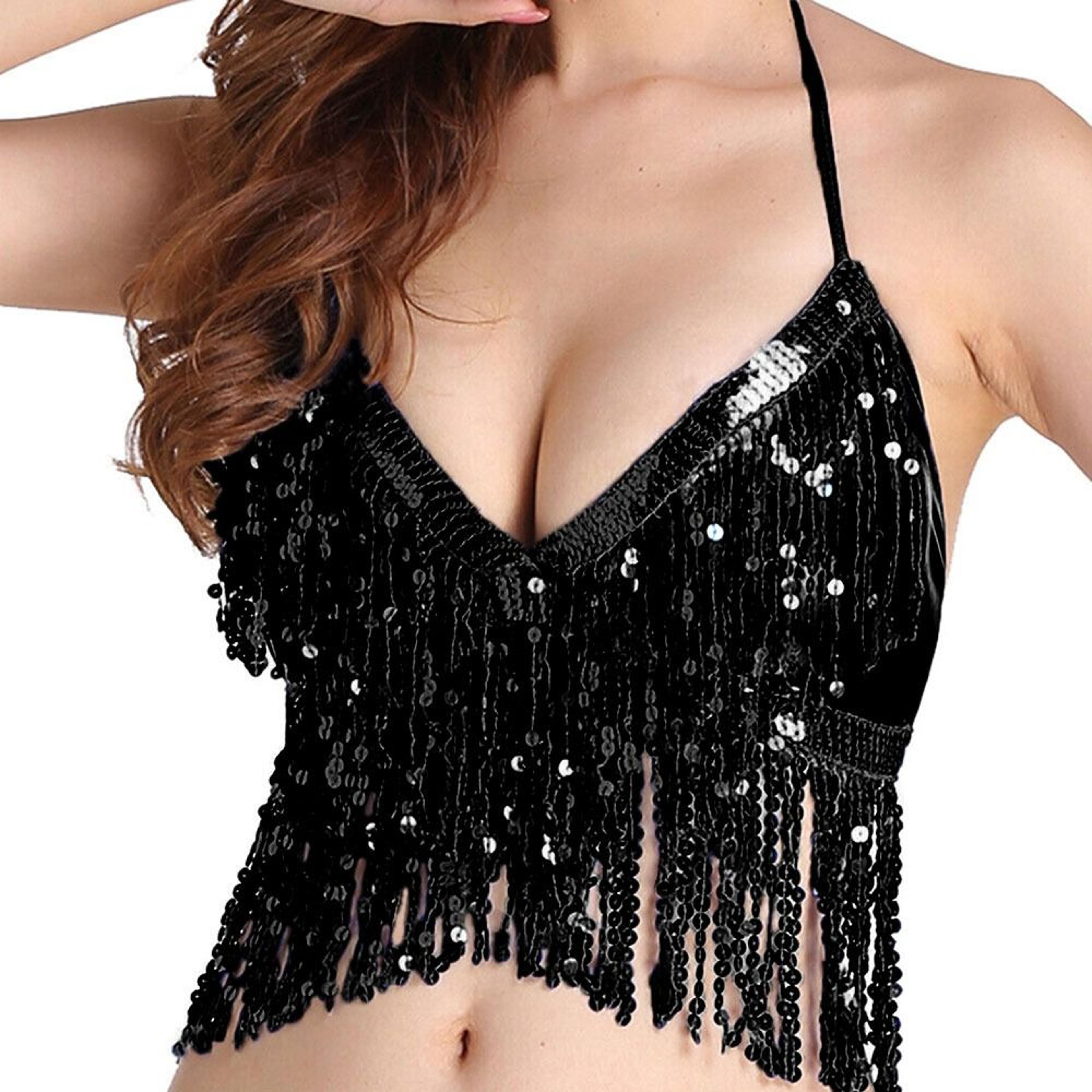 sparkling belly dance sequin fringe halter bra top for nightclub & stage