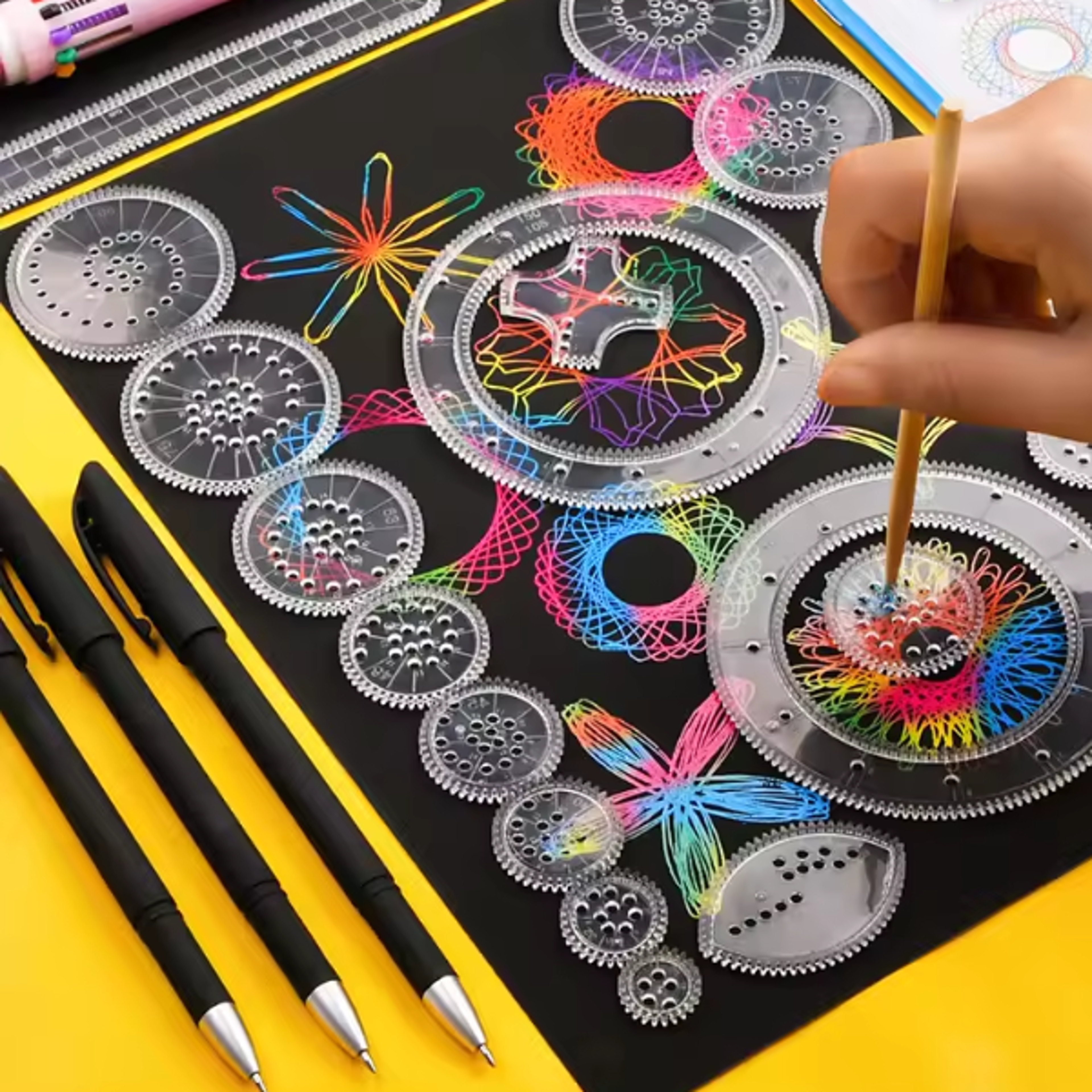 creative gears geometry spirograph drawing stencils set – kids educational art crafts with variety of flowers