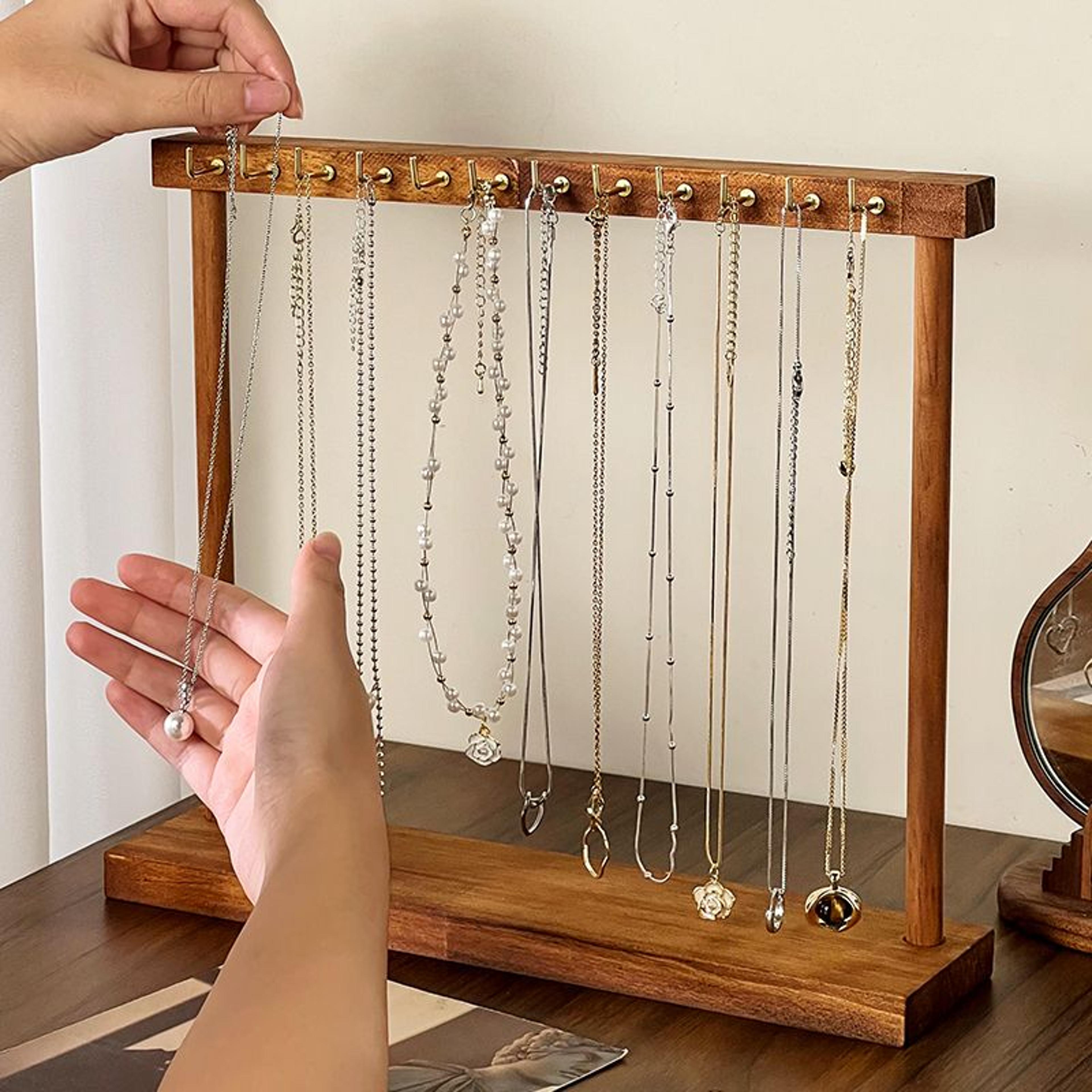 wooden jewelry organizer stand – solid wood necklace, earrings, bracelets display rack for chains, rings, and showcase