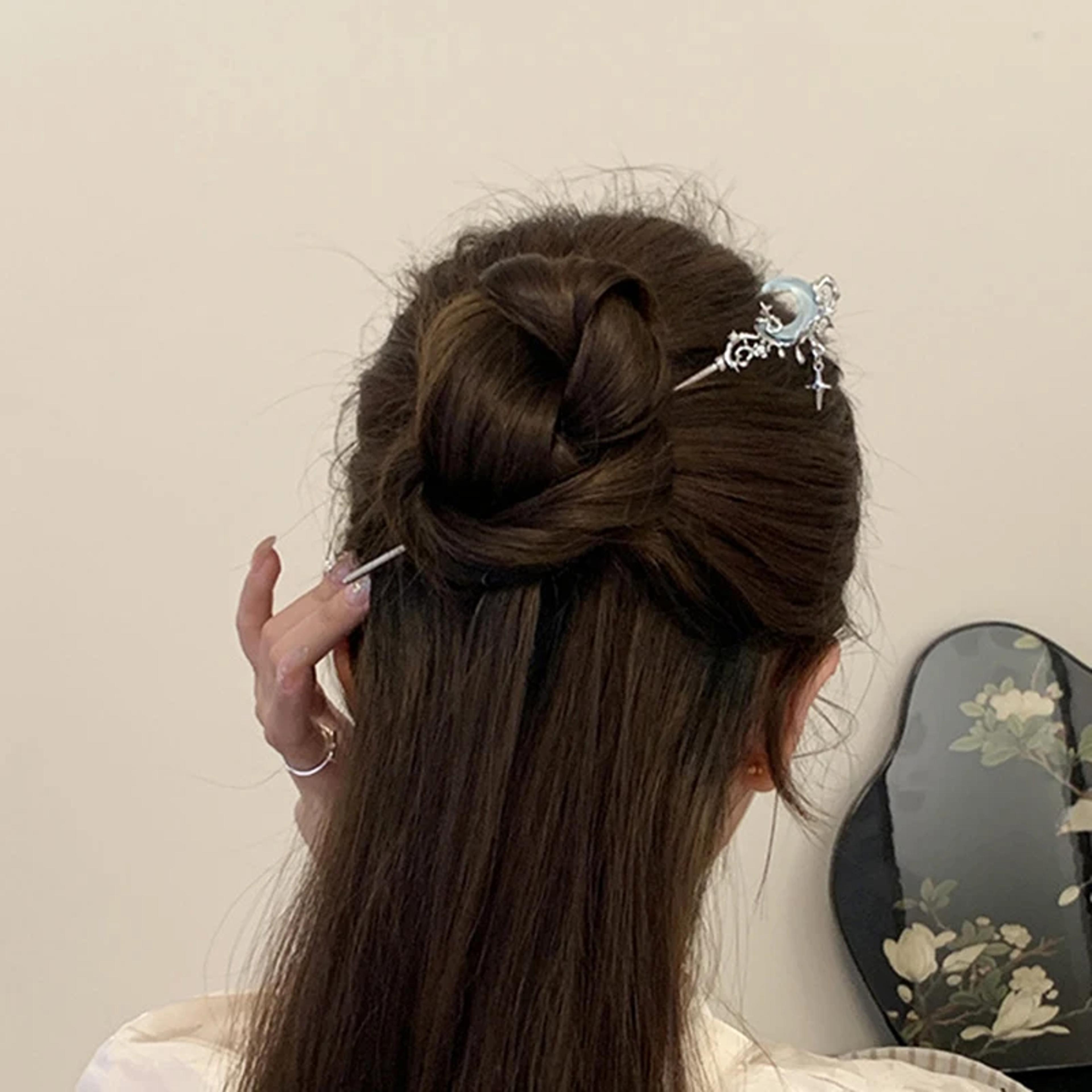 romantic moonstone star hairpin, metal branch hair fork, elegant chinese style jewelry for girls