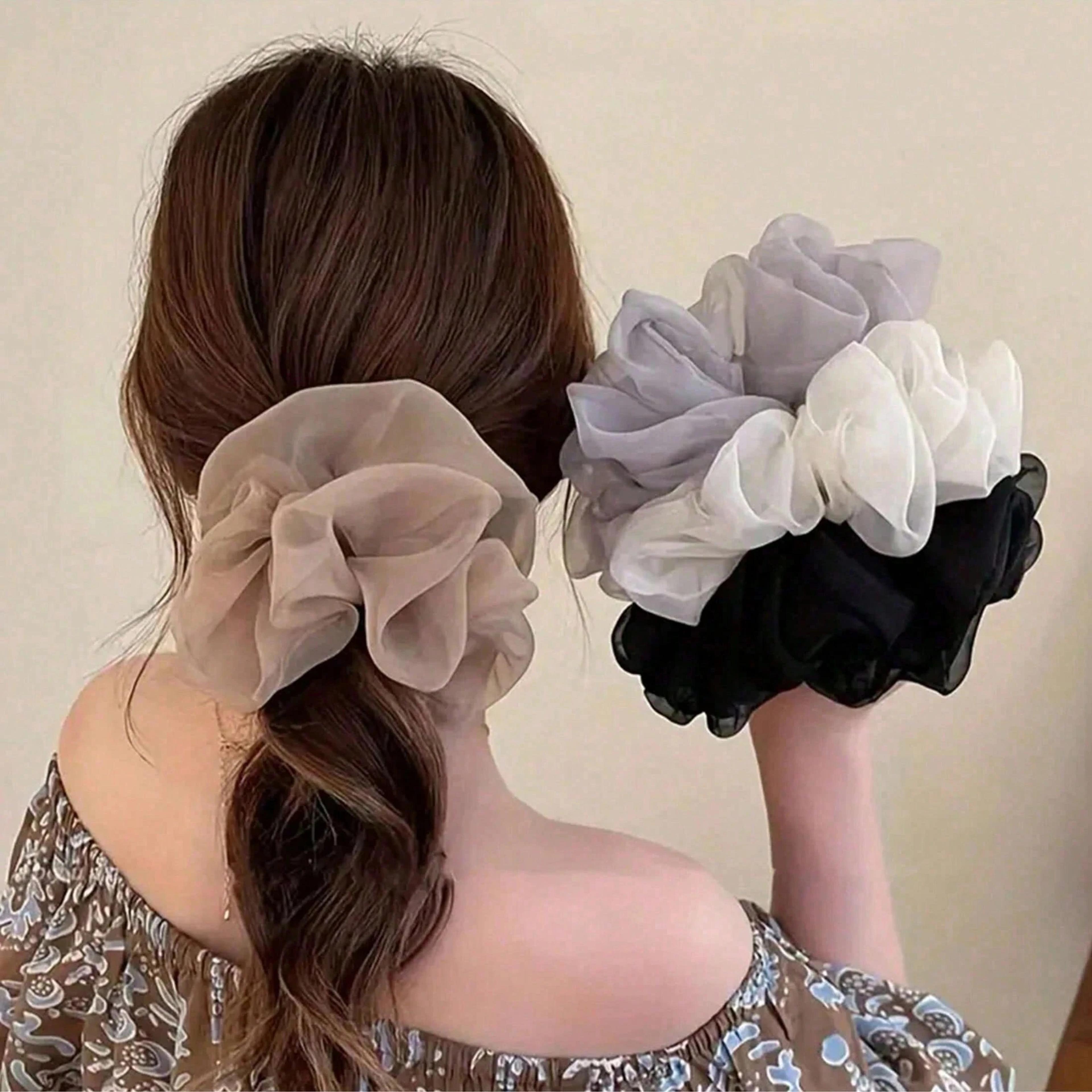 elegant french style puff chiffon scrunchies | elastic hair ties for ponytail & bun decoration