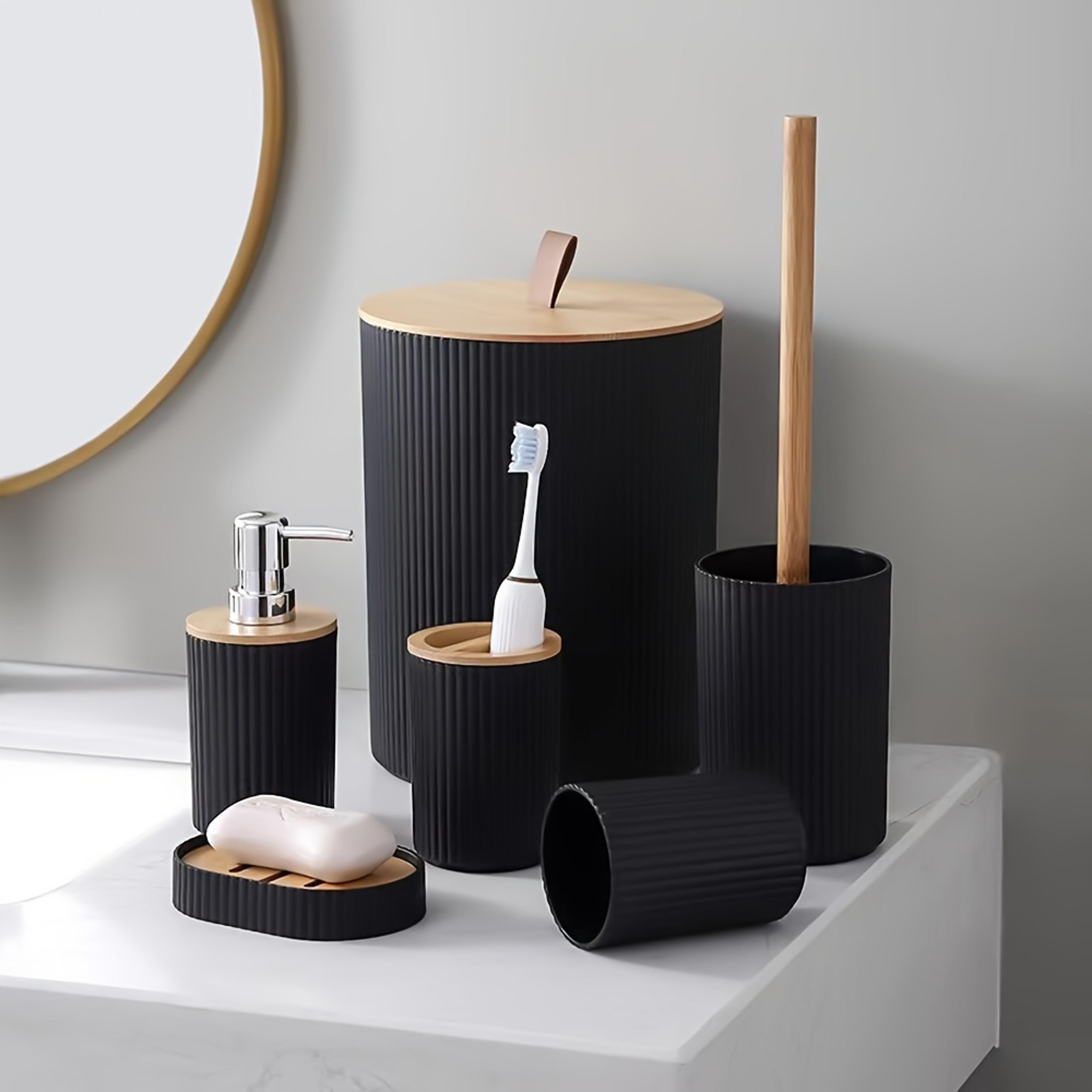 complete bathroom accessory set with trash can, toothbrush holder & soap dispenser