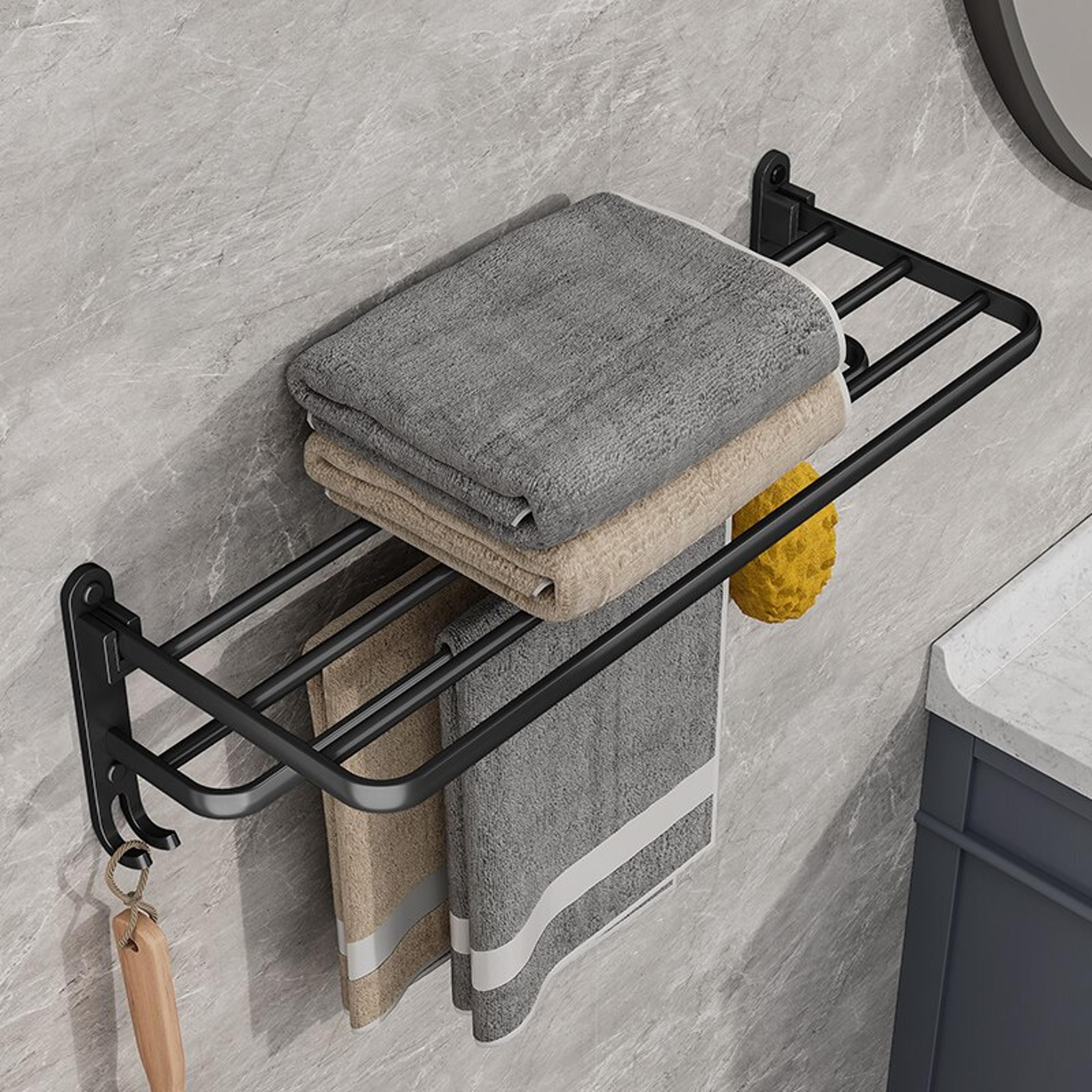 Matte Black Folding Towel Holder With Hook Wall Mount Space Aluminum Rack For Bathroom And Kitchen 2