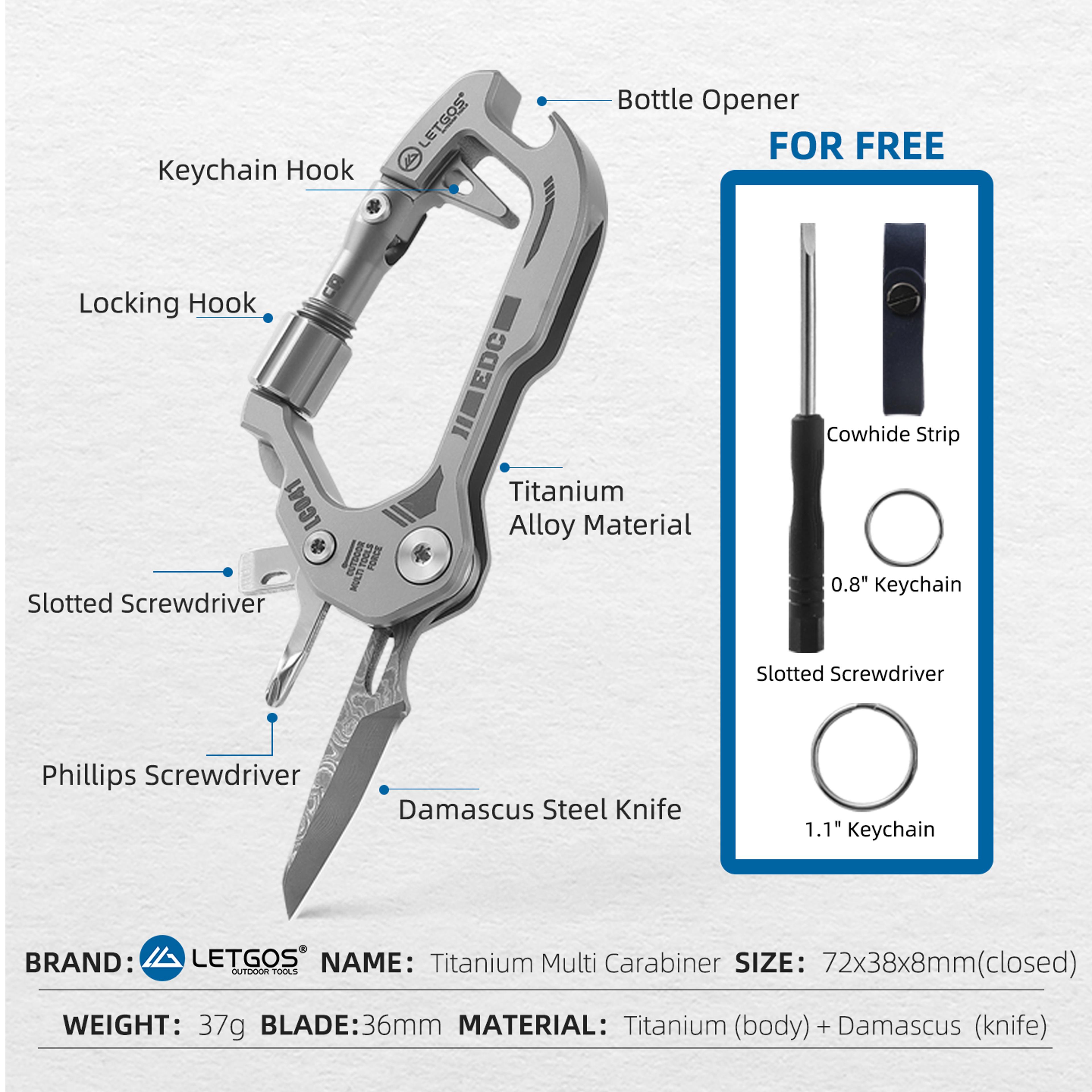 Titanium Alloy Carabiner With Multi Functional Damascus Steel Knife Outdoor Camping Hiking And Adve 6