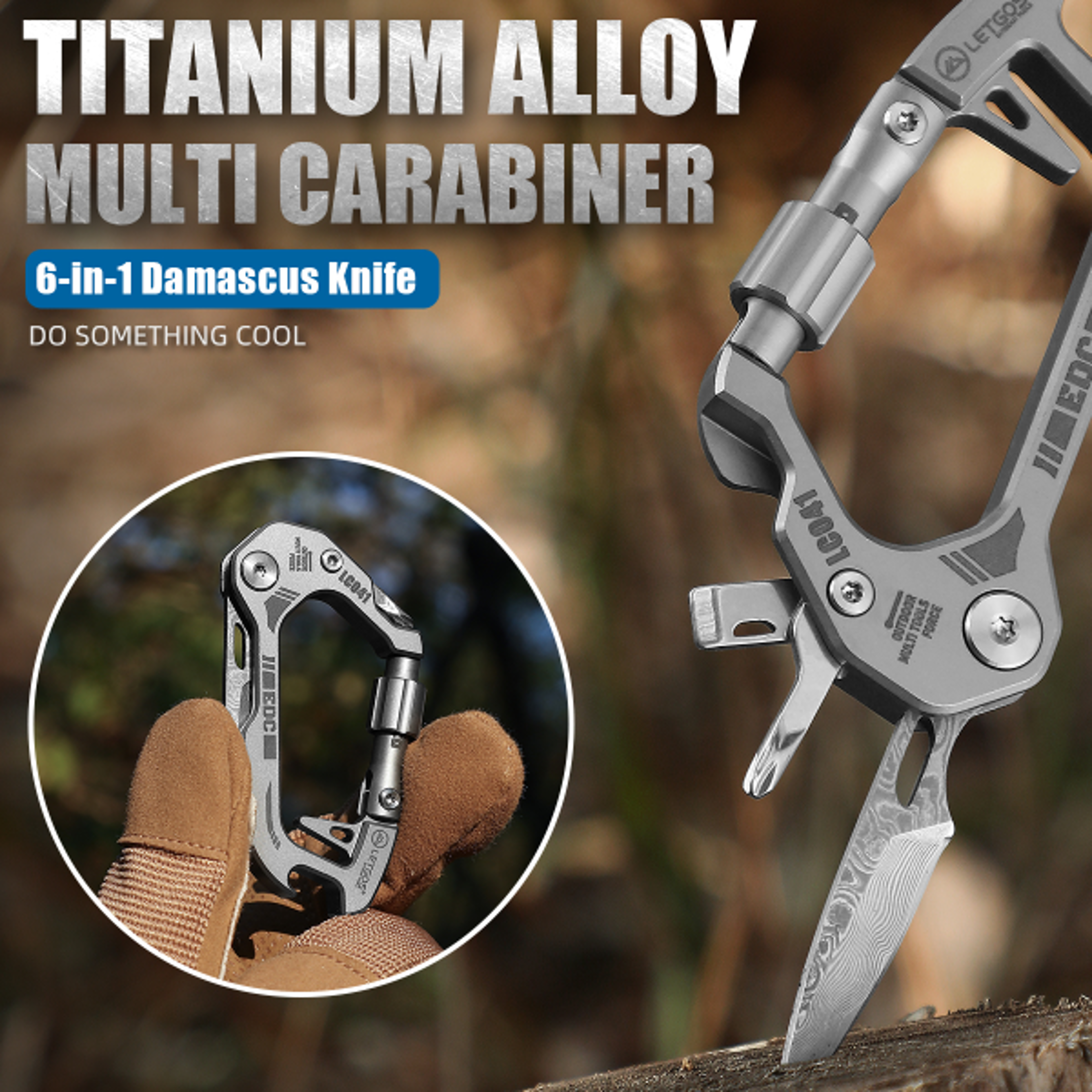 LETGOS titanium alloy carabiner multifunctional damascus steel knife locking type outdoor camping