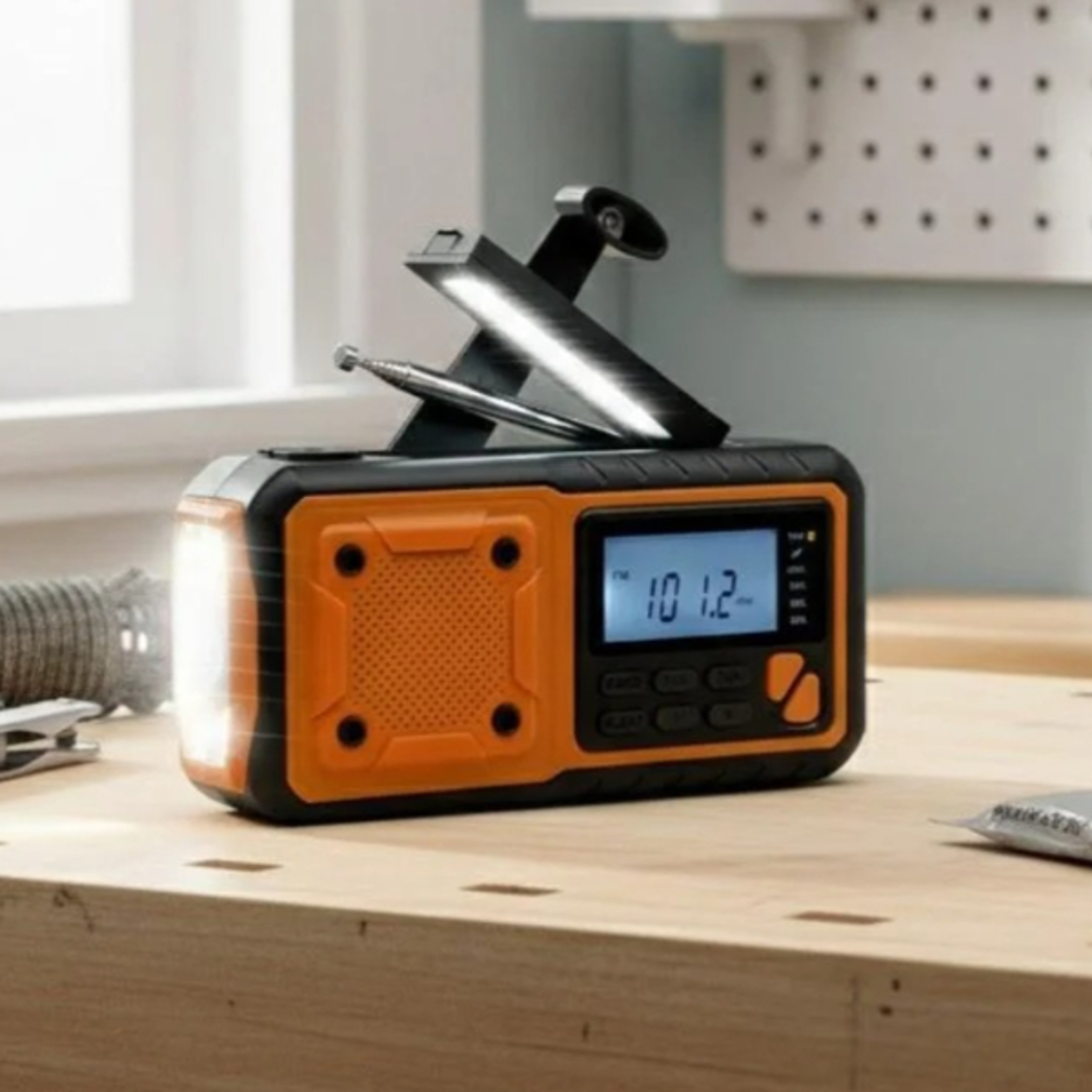solar crank emergency radio with led flashlight and power bank weather alert, portable, ideal for camping
