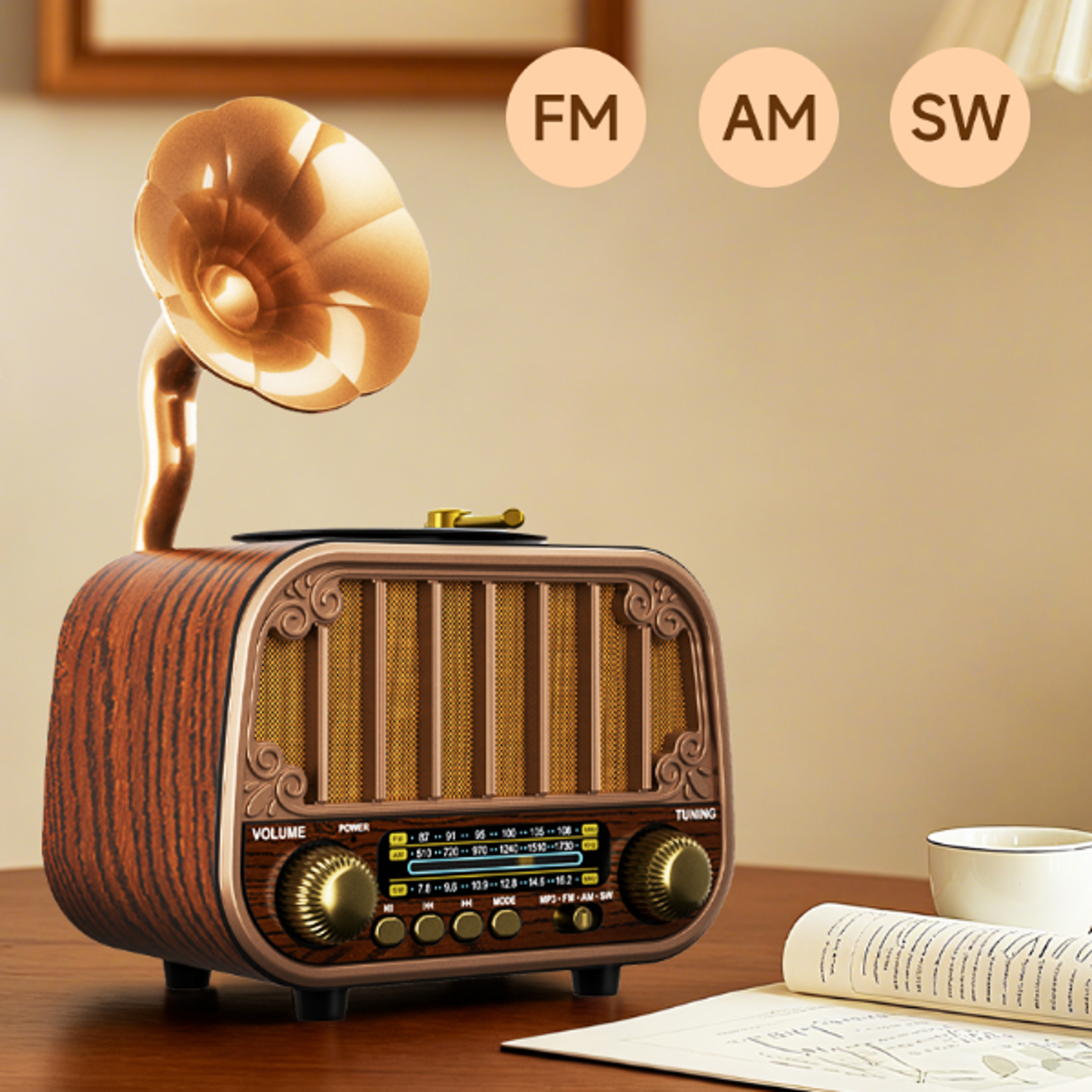 retro multi band radio with wireless streaming & tf card play portable fm am sw radio for home and garden