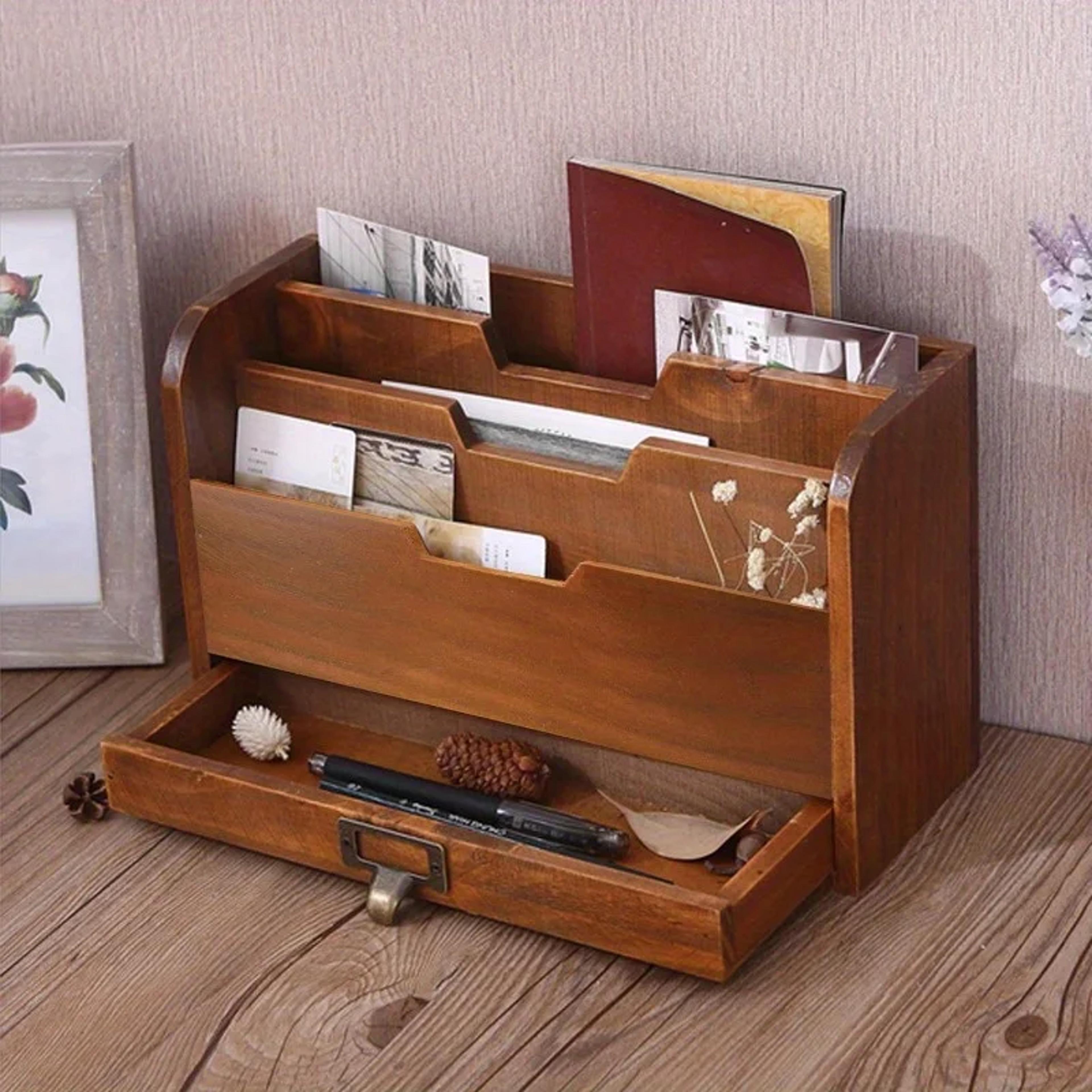 vintage wooden desktop organizer with drawer for office & home storage