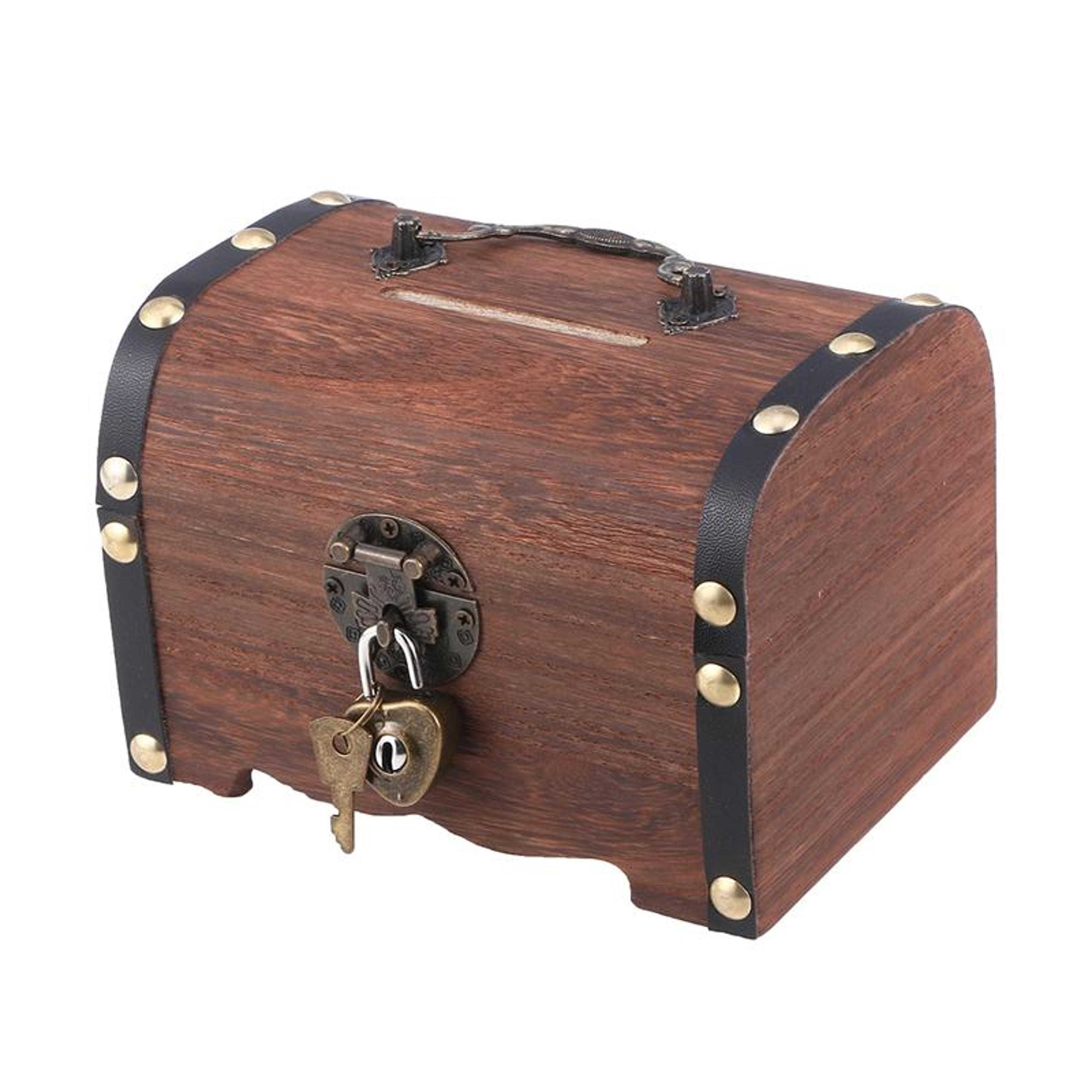 vintage wooden treasure chest piggy bank & lockable storage box
