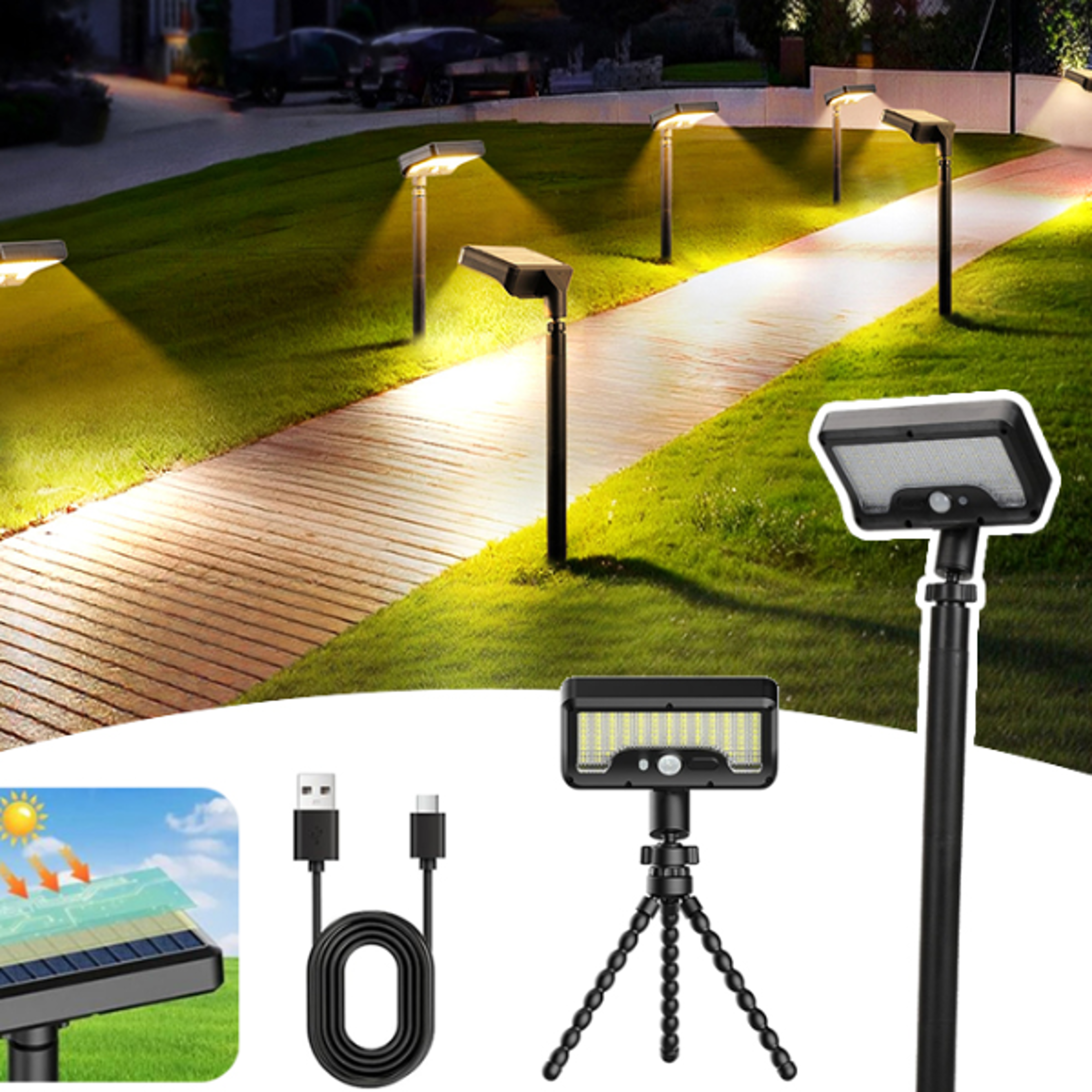 92 led solar pathway lights motion sensor type c rechargeable adjustable outdoor garden light