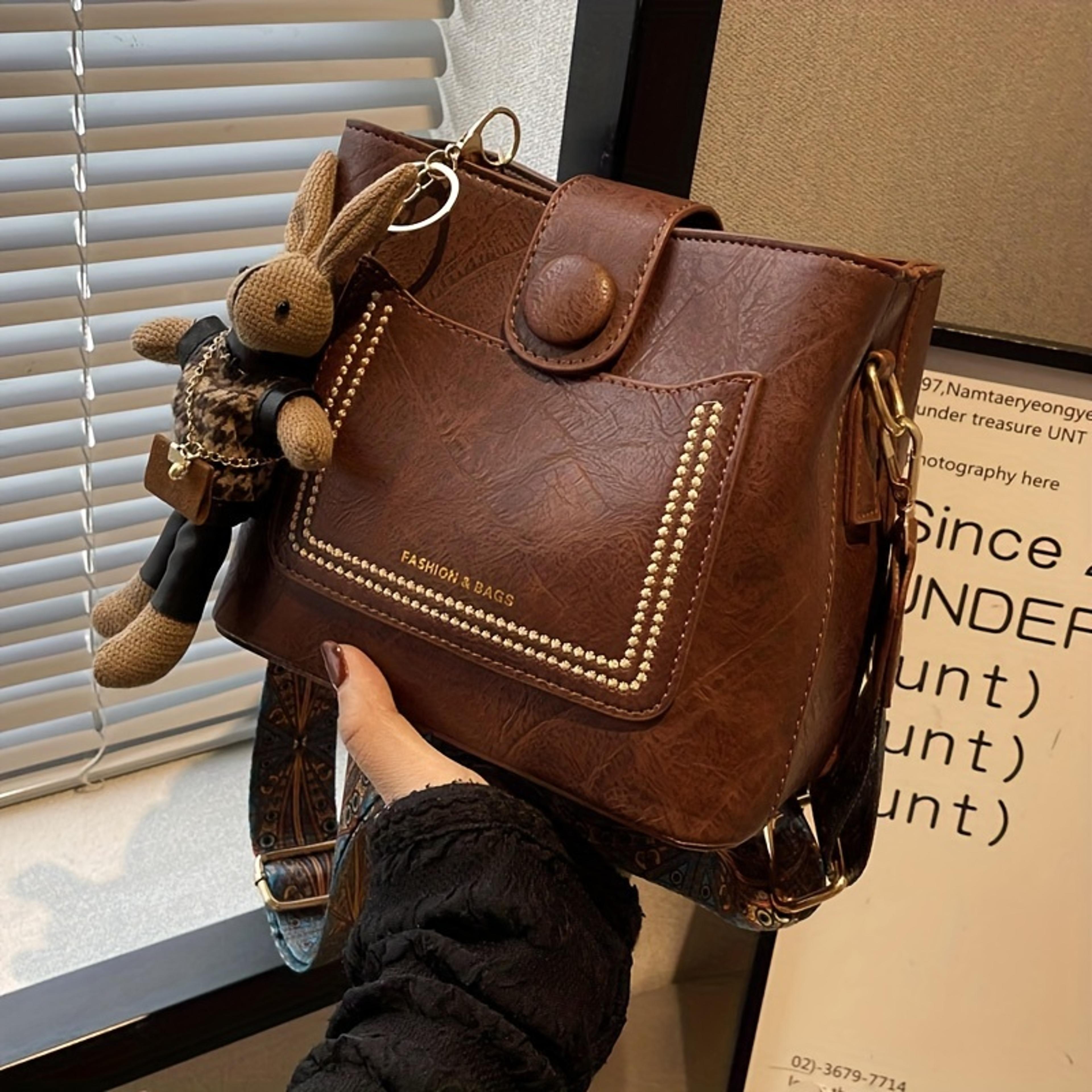 Vintage Faux Leather Crossbody Bag For Women With Wide Printed Strap And Bunny Charm 2