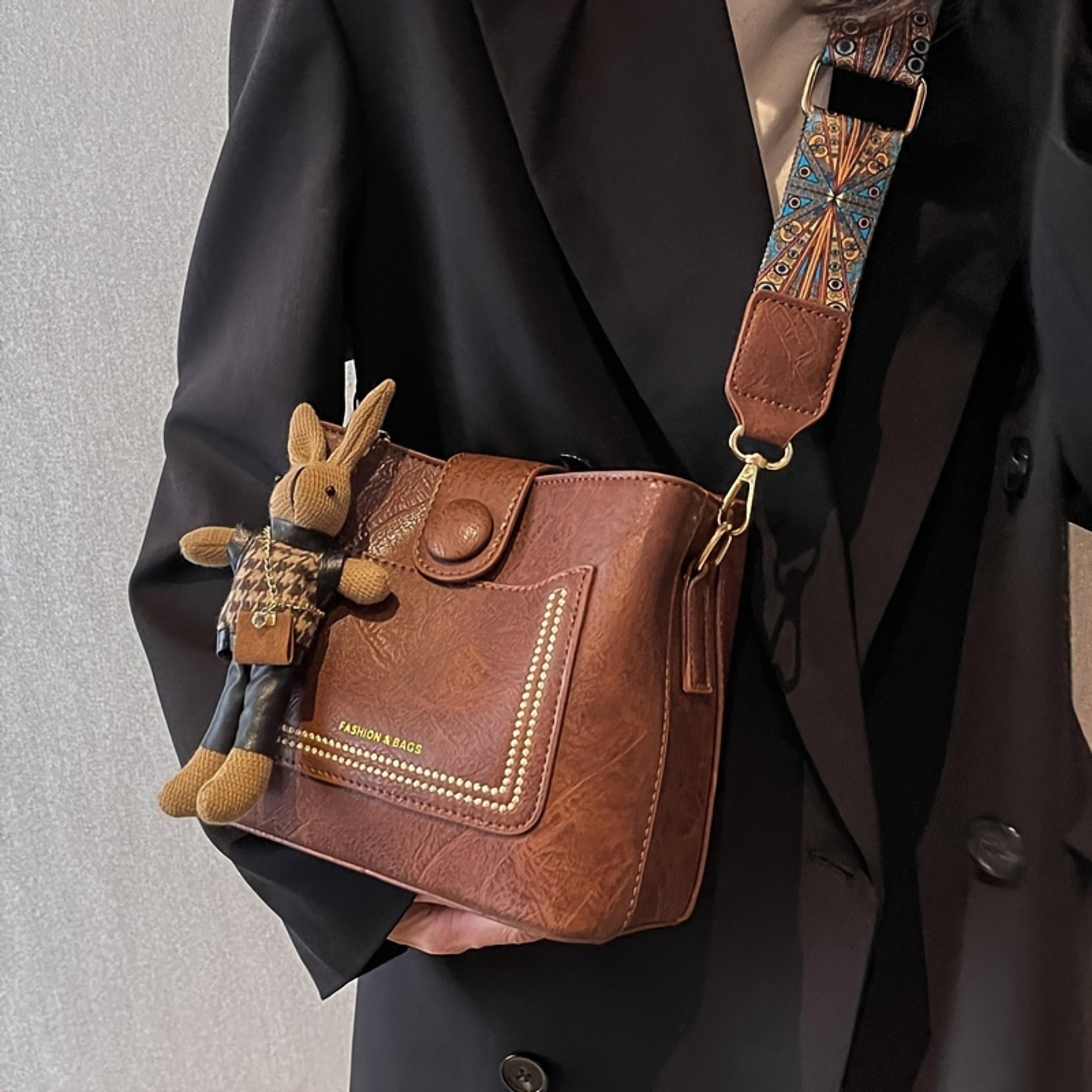 Vintage Faux Leather Crossbody Bag For Women With Wide Printed Strap And Bunny Charm 3