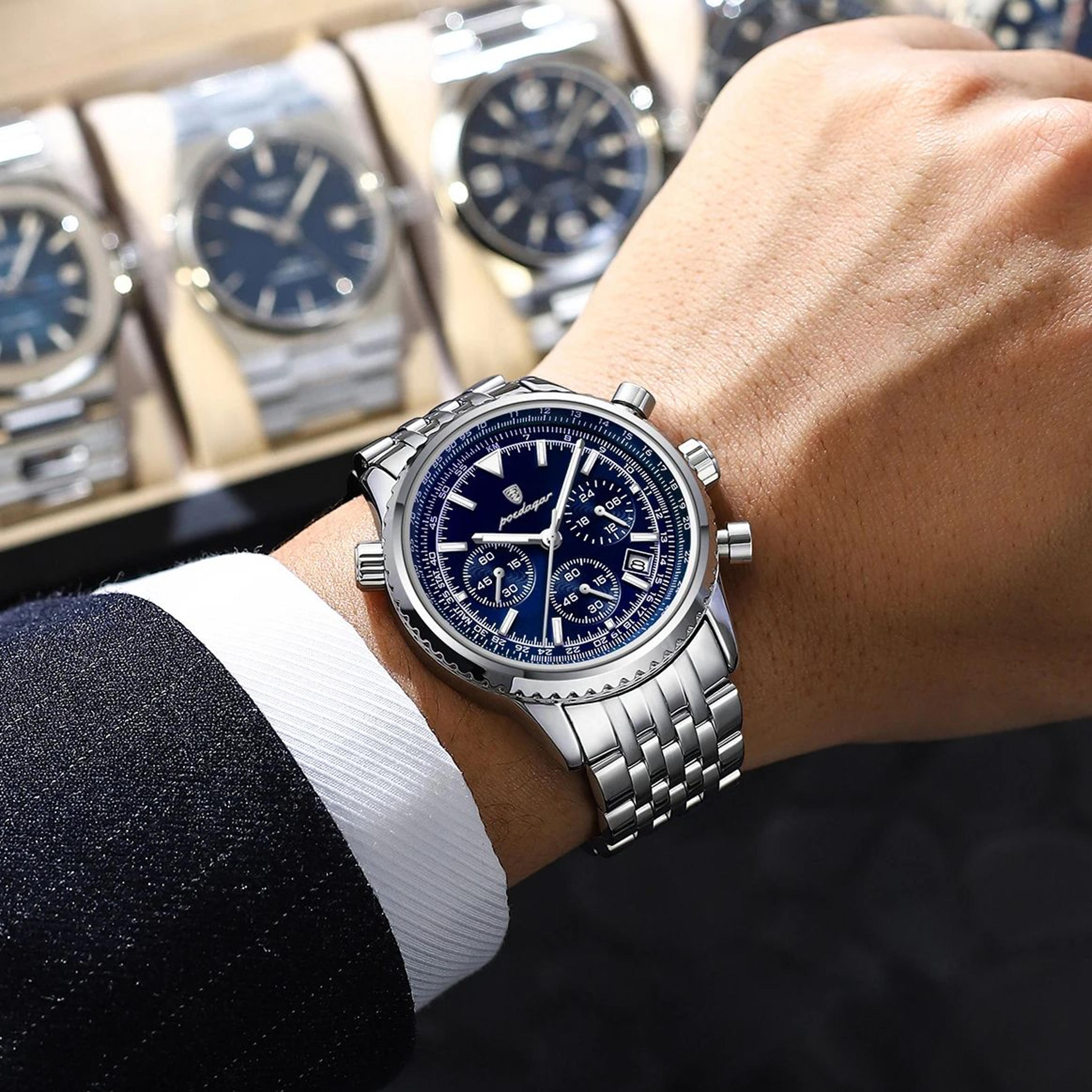Luxury Mens Chronograph Watch Waterproof Luminous Stainless Steel Quartz Watch 4