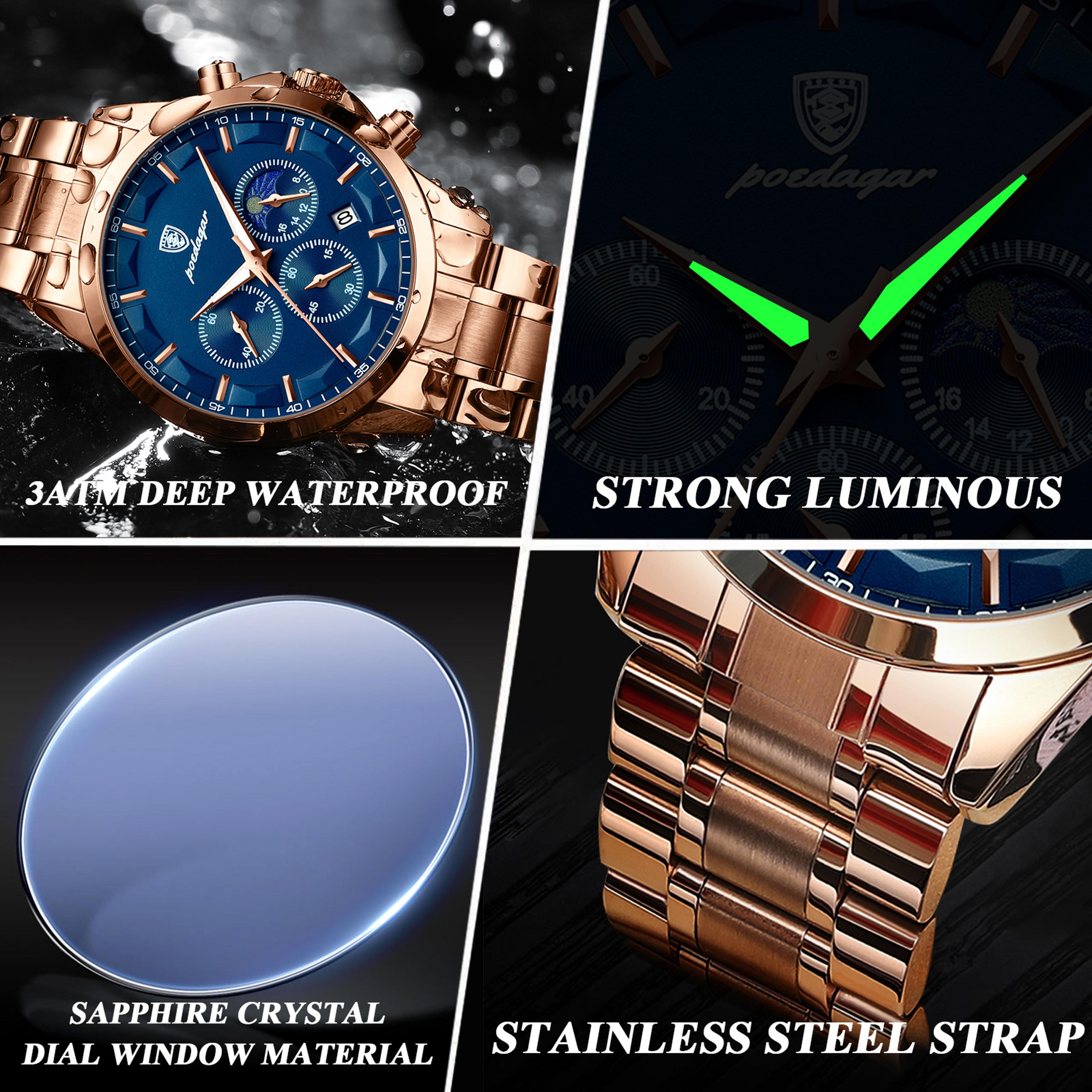 Mens Chronograph Watch Stainless Steel Waterproof Quartz Watch 3