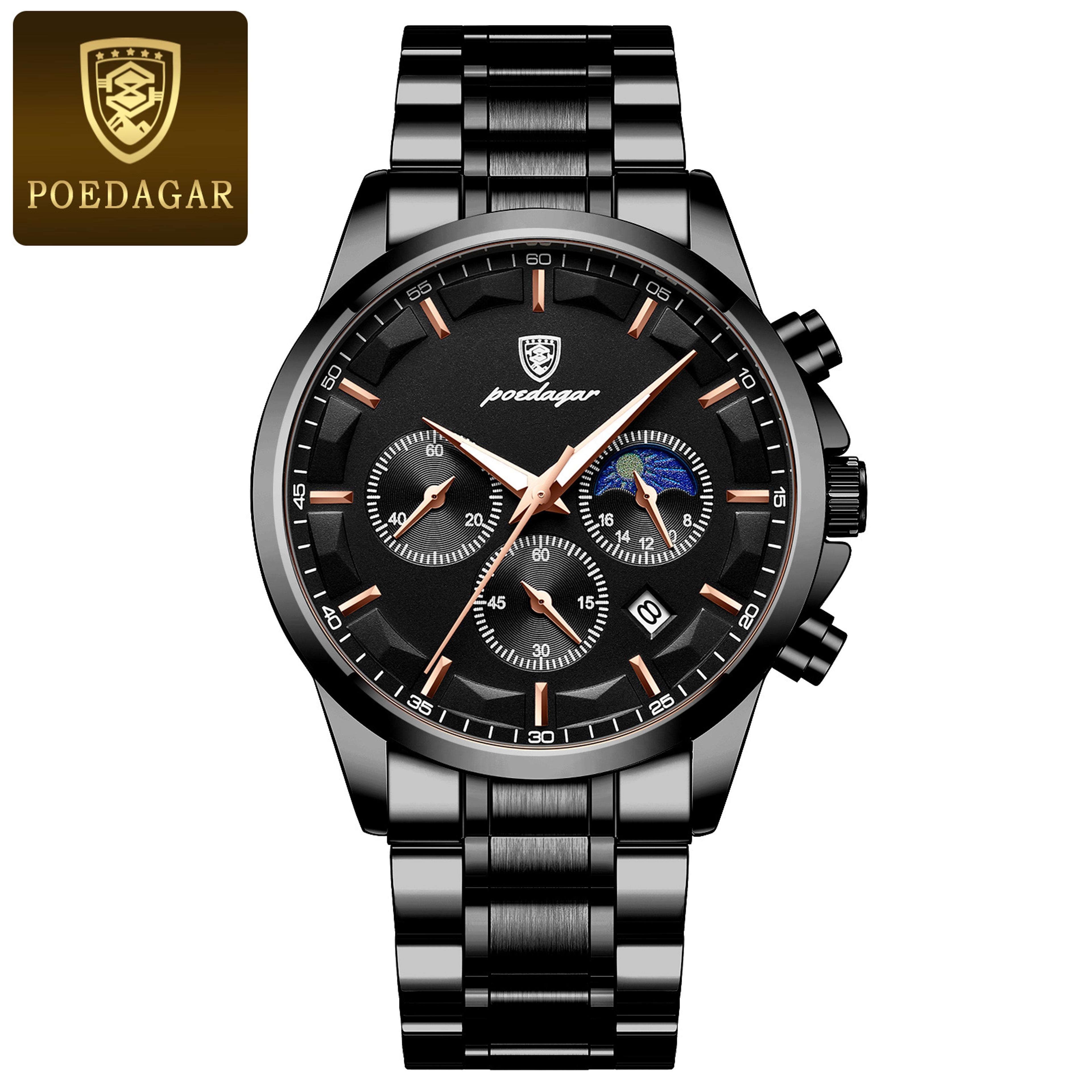 Mens Chronograph Watch Stainless Steel Waterproof Quartz Watch 6